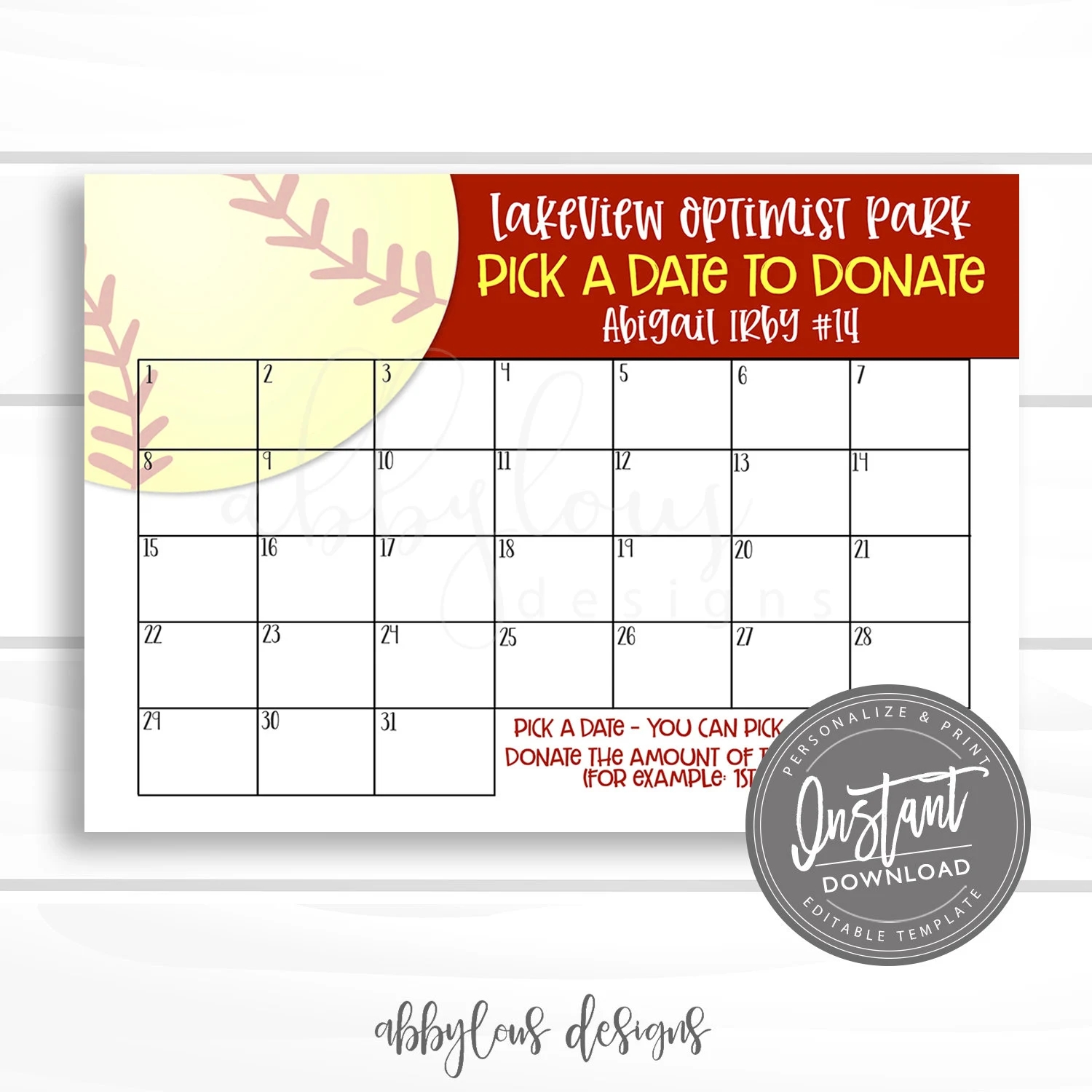 EDITABLE Softball Fundraiser Calendar Pick A Date To Donate Printable Sports Fundraiser Editable File Digital Template Access Now Etsy