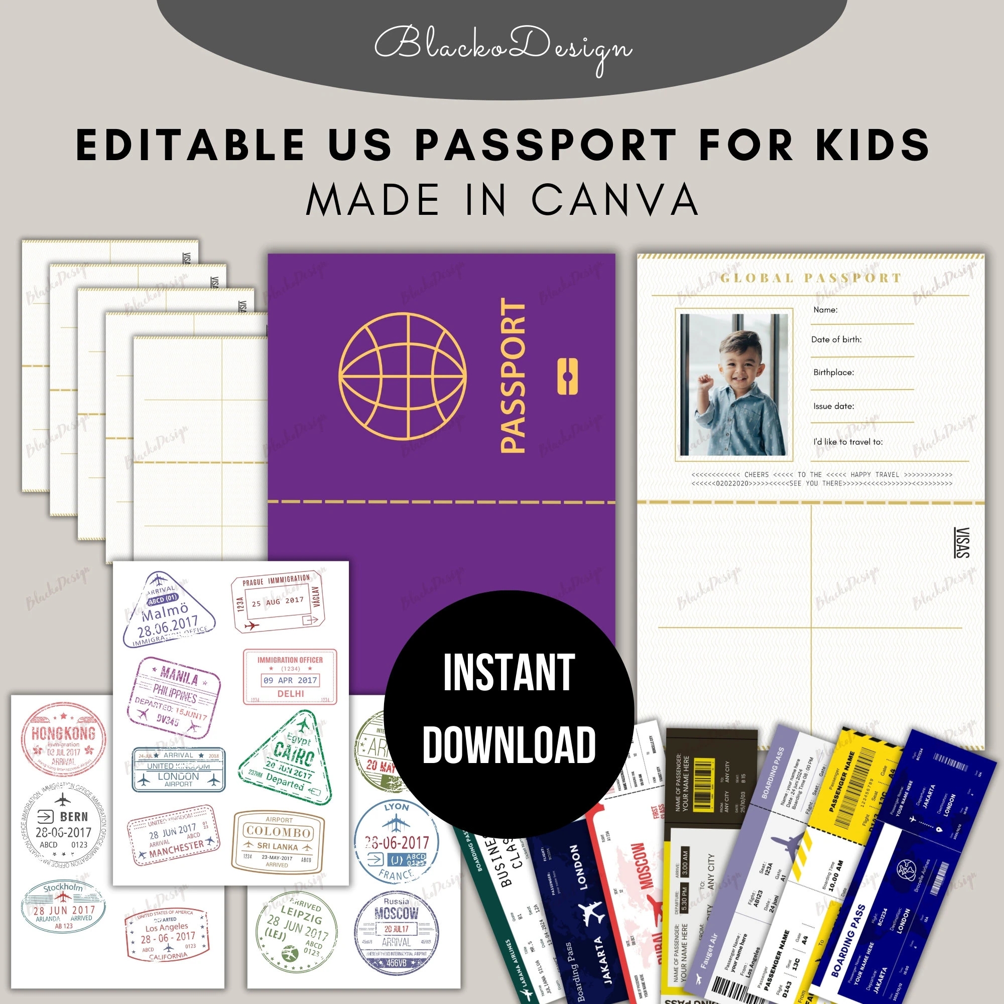 Editable US Passport For Kids Printable Passport Craft Instant Download With 7 Boarding Pass Stamps And 20 Visas Etsy