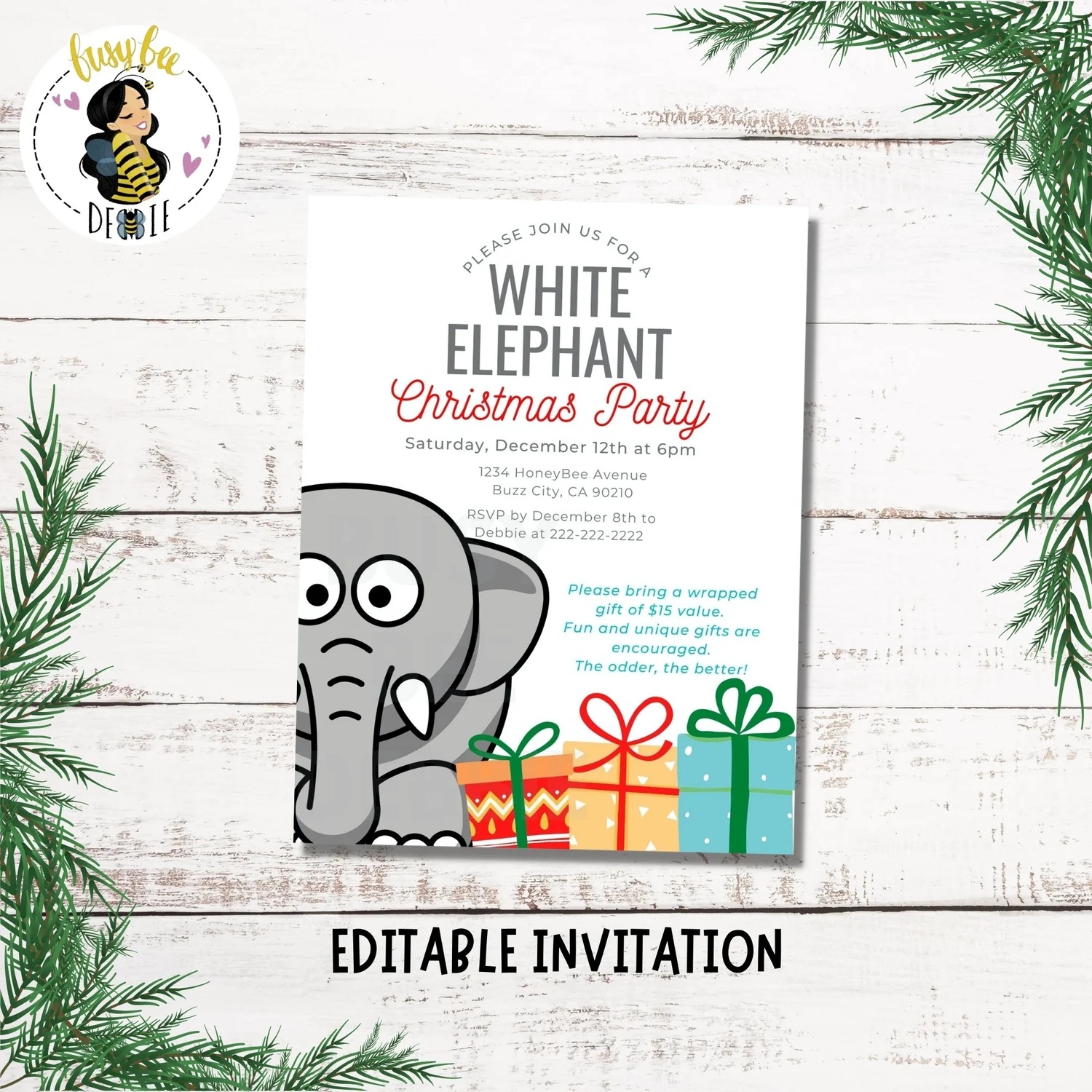 Editable White Elephant Christmas Party Invite Holiday Invitation Template Office Staff Party Invite Printable Holiday Party Flyer Payhip