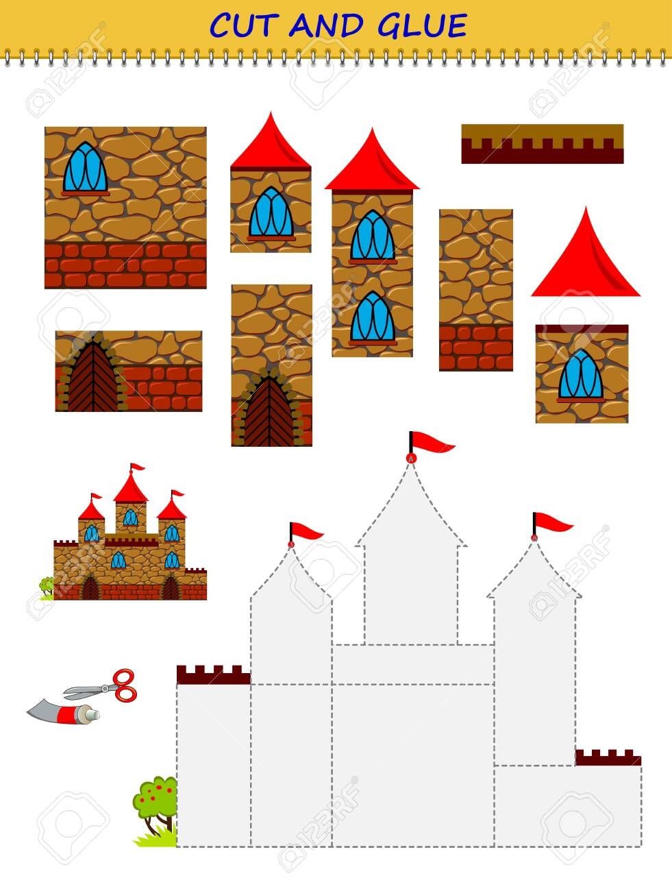 Educational Page For Little Children Printable Template With Exercise For Kids Use A Scissors To Cut And Glue Cute Toy Castle Developing Skills For Cutting And Handwork Flat Cartoon Vector Royalty Free