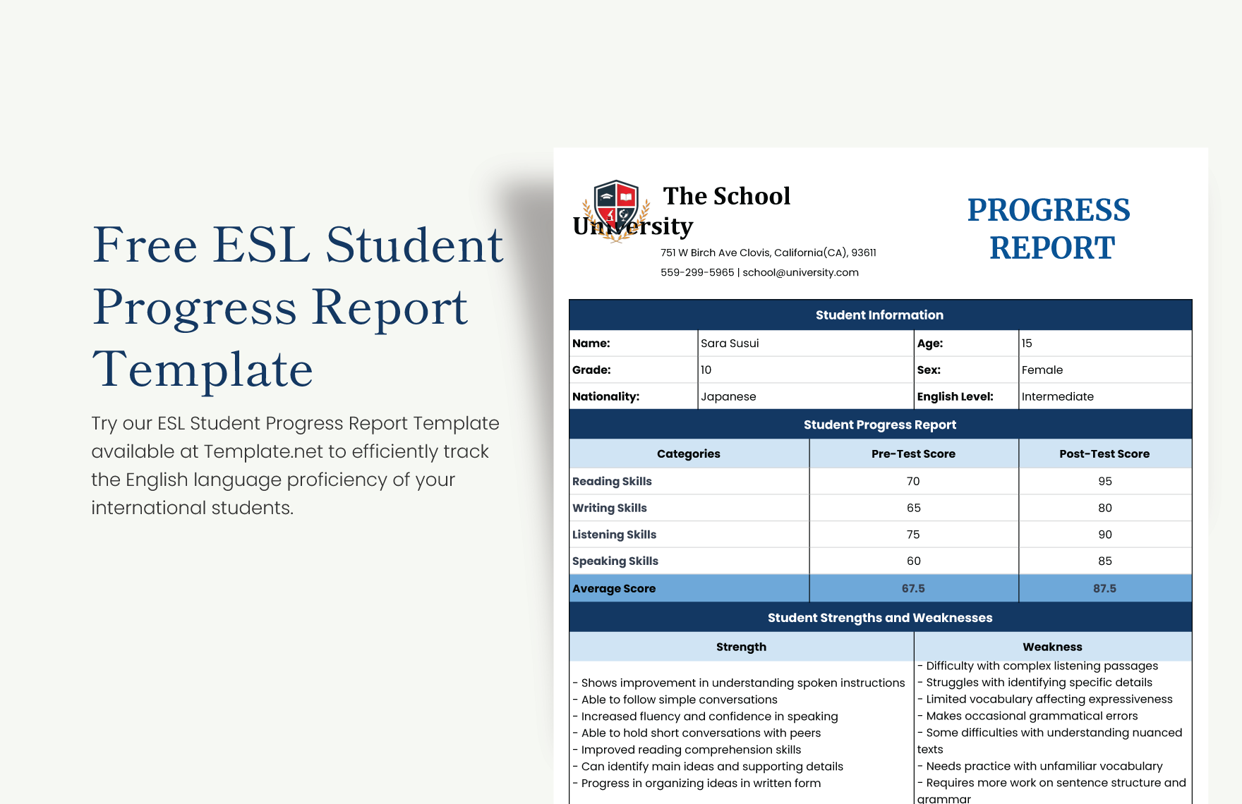 ESL Student Progress Report Template In Excel Google Sheets Download Template