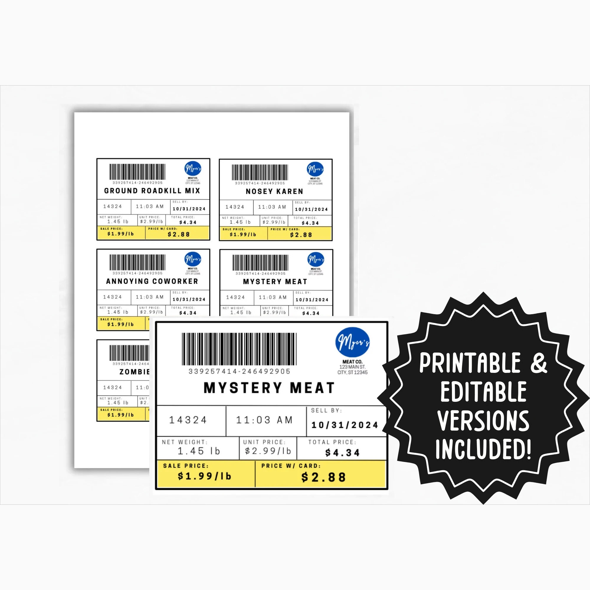 Fake Meat Label Template Editable Road Kill Butcher Labels Funny Halloween Treat Label Printable Meat Labels Etsy