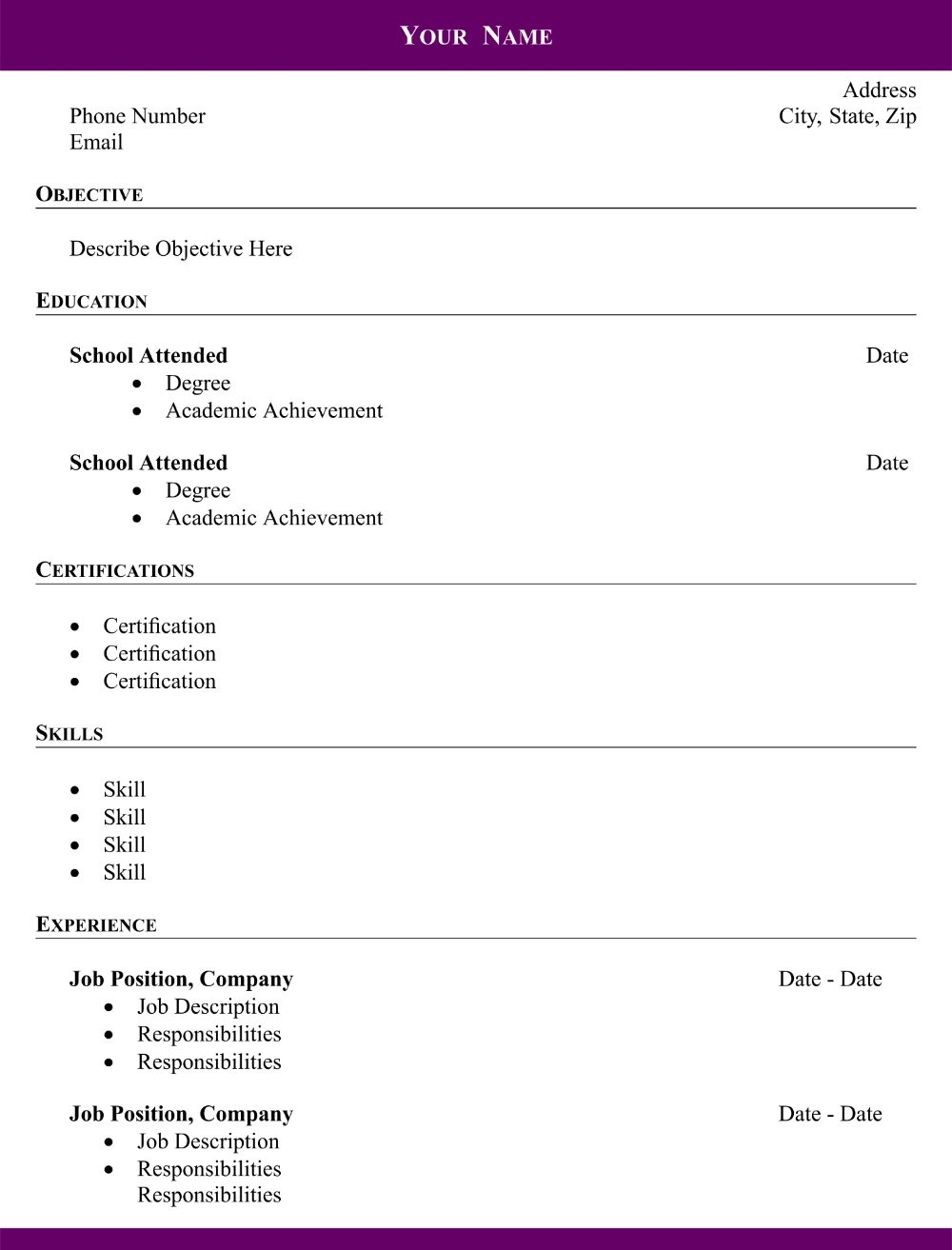 Resume Templates Free Printable
