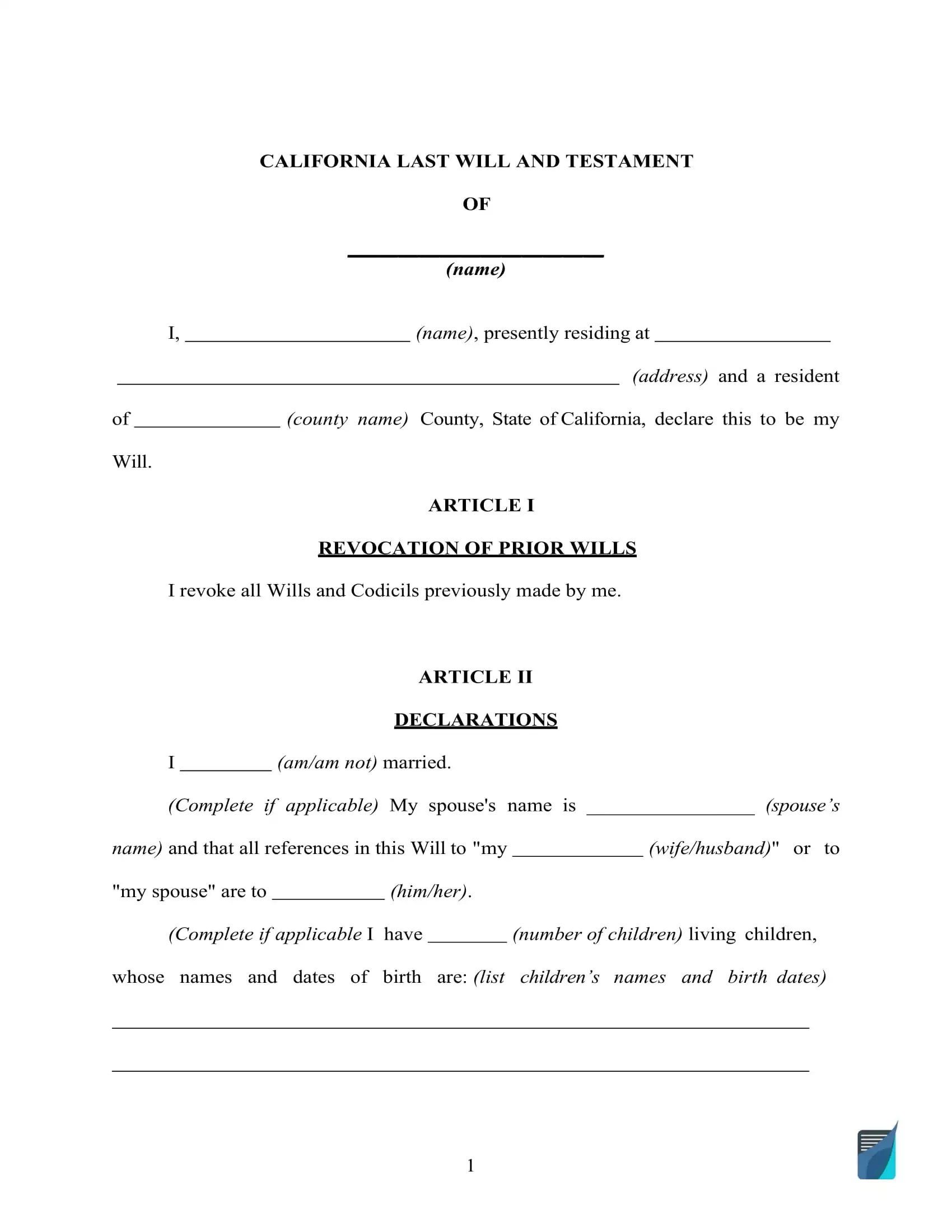 Fillable California Last Will And Testament Form FREE FormsPal