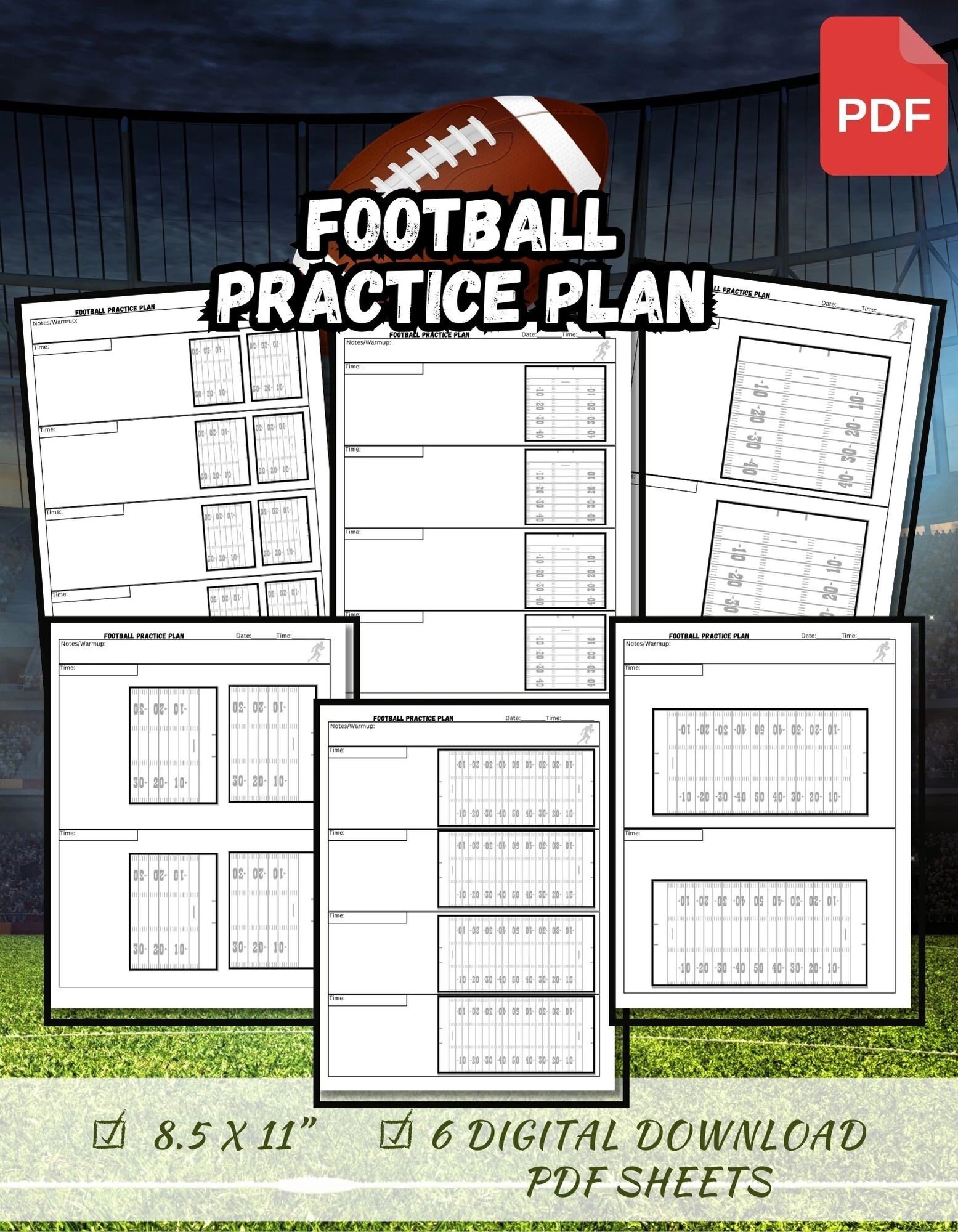 Football Field Practice Plan Sheets For Coach Or Player 8 5x11 6 In Total Digital Download Football Coach Football Practice Plan Etsy
