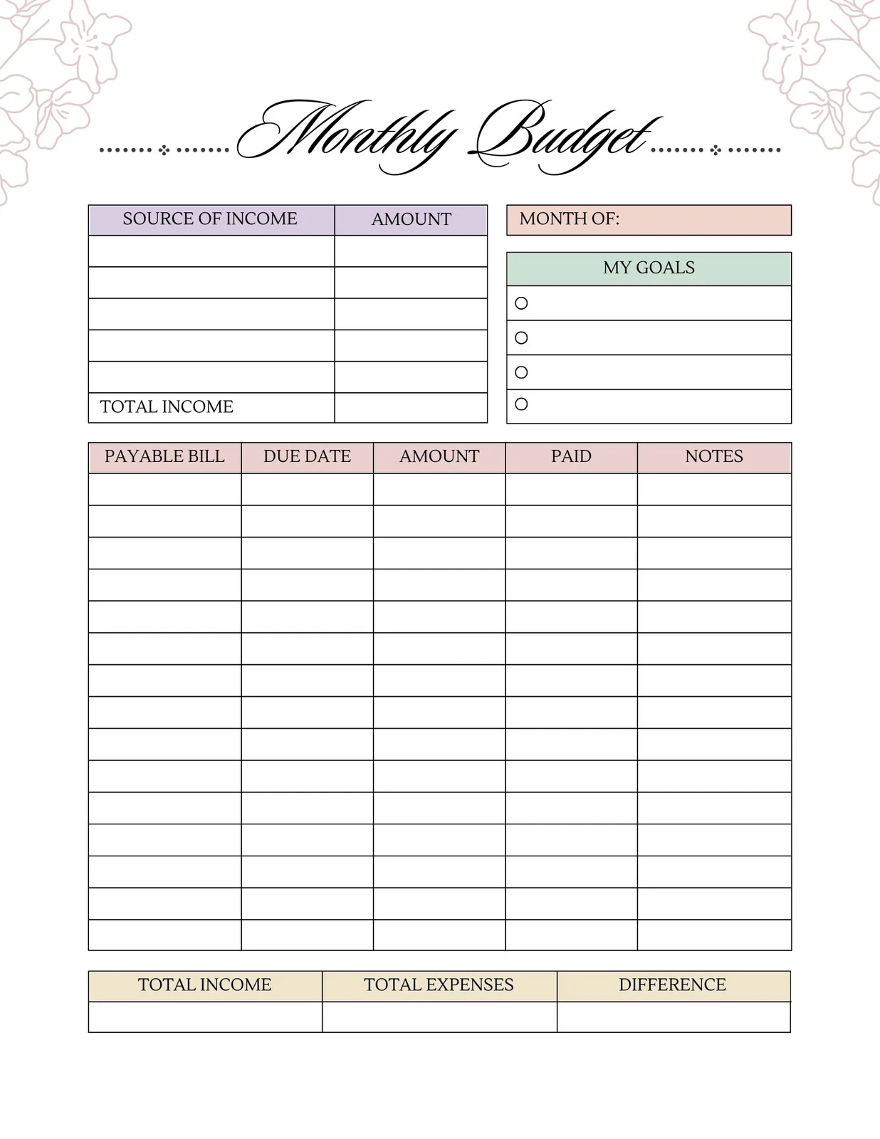Free Printable Simple Monthly Budget Template