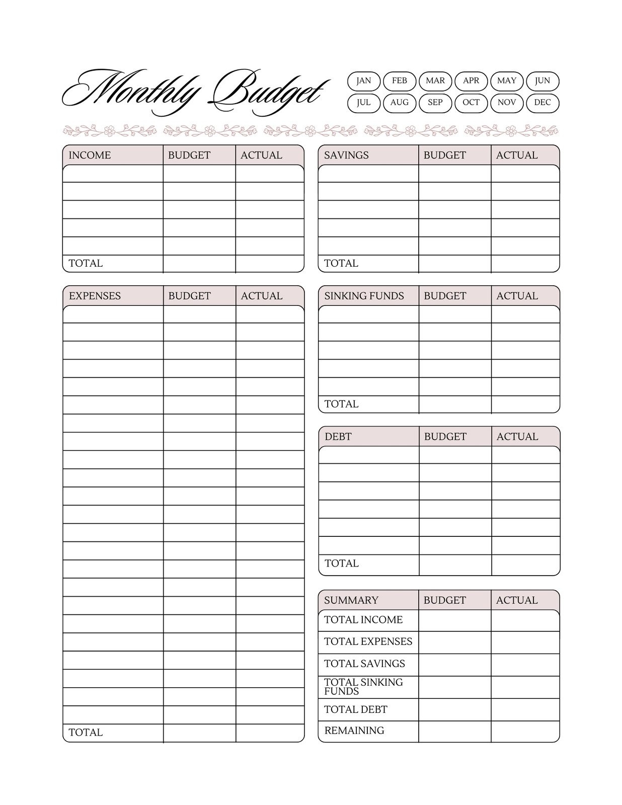 Budget Sheet Template Free Printable