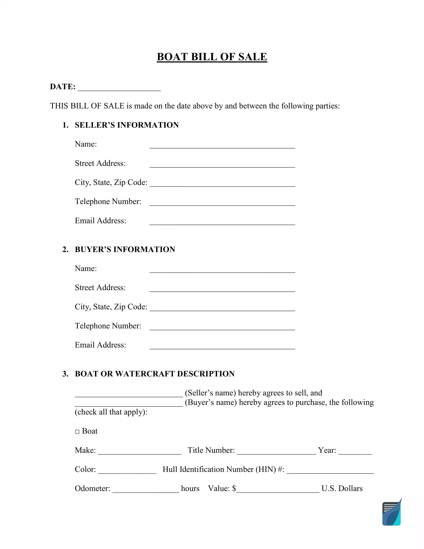 Free Boat Vessel Bill Of Sale Form Watercraft Bill Of Sale