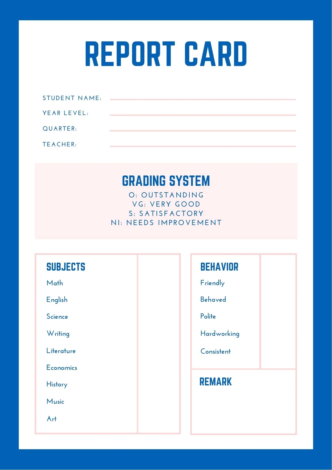 Free Printable Homeschool Report Card Template