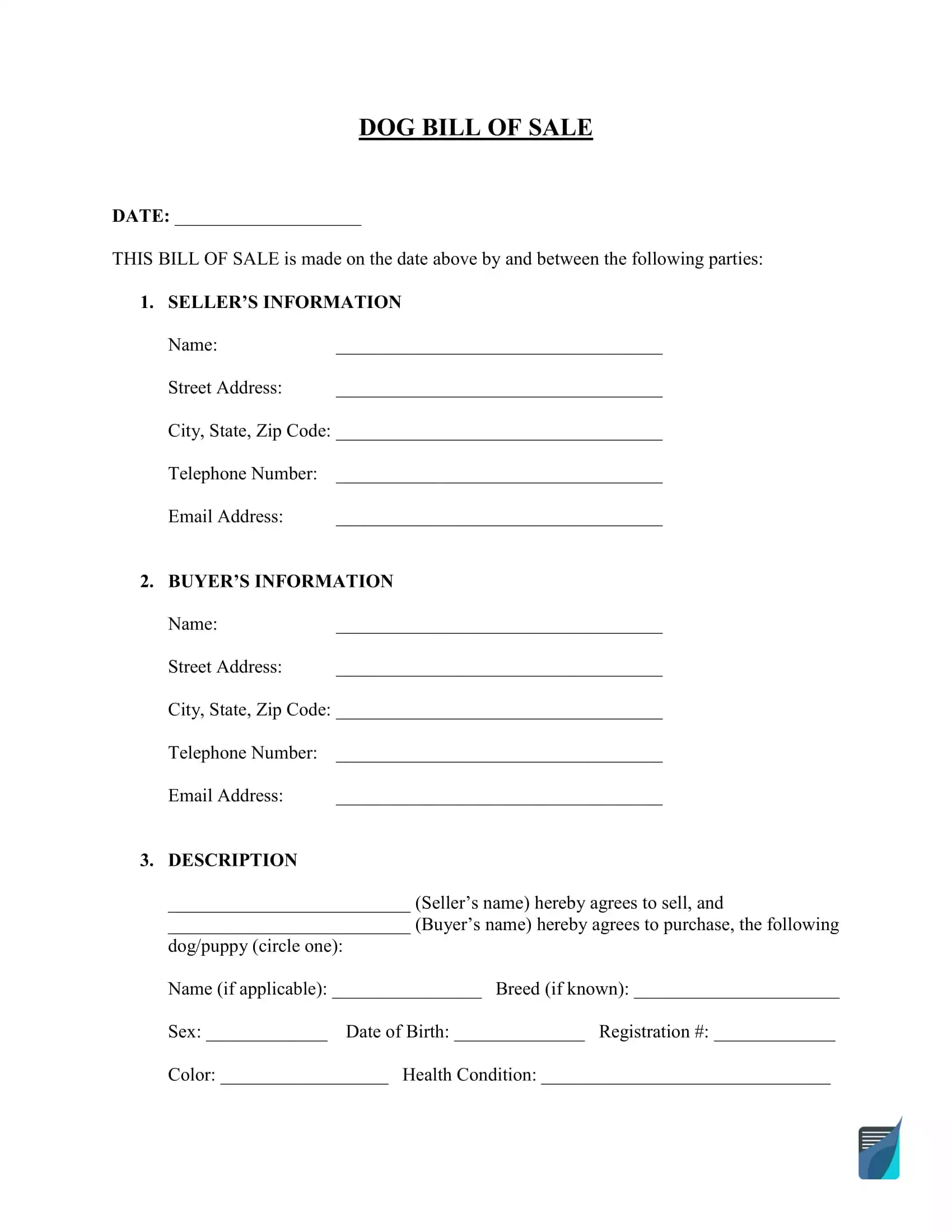 Printable Blank Puppy Sale Contract Templates