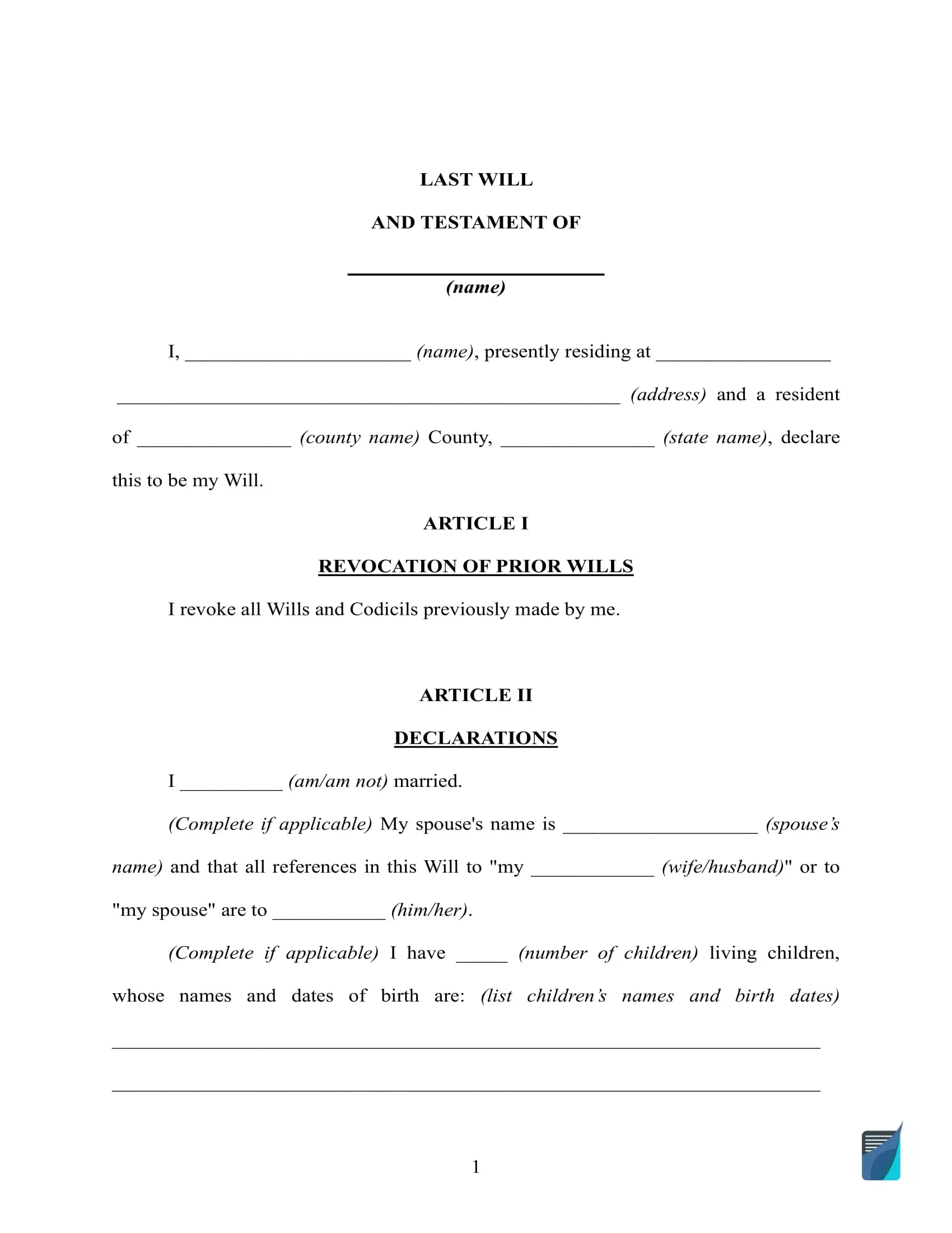 Printable Simple Will Template