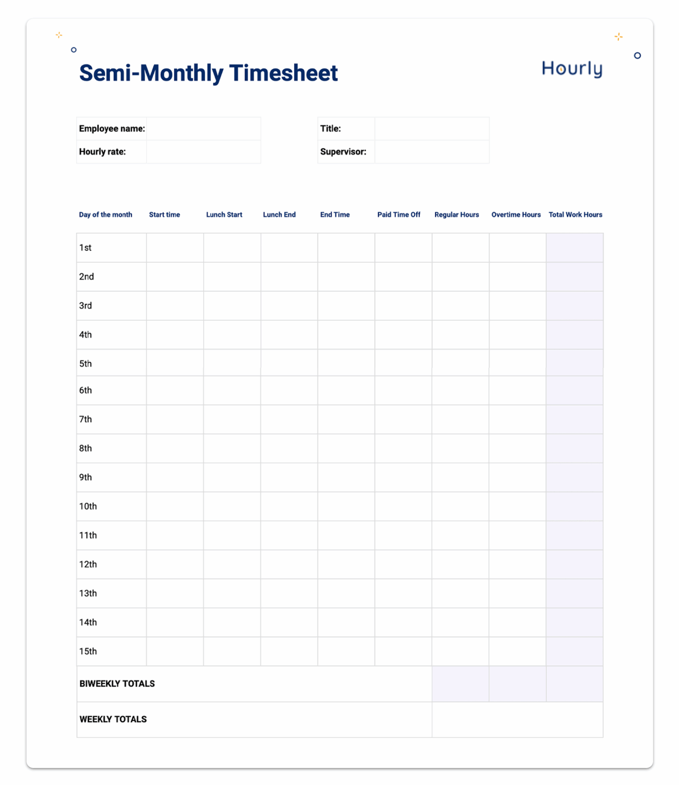 Free Paper Timesheet Templates And Printable Timecards Hourly Worksheets Library