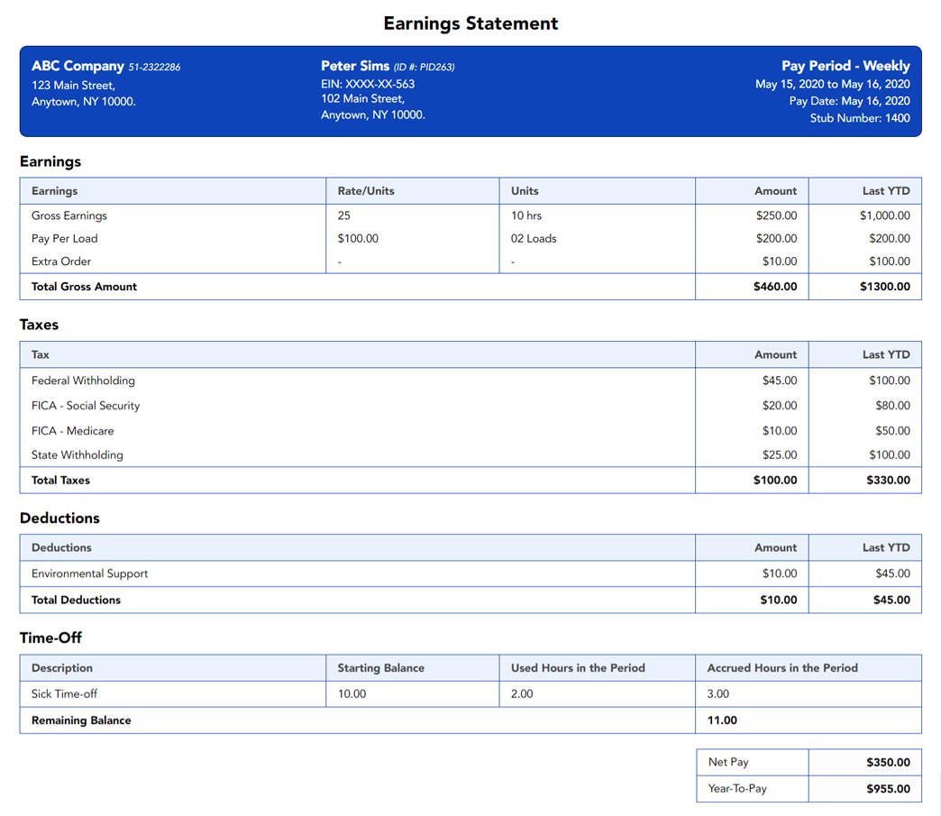Printable Pay Stub Template
