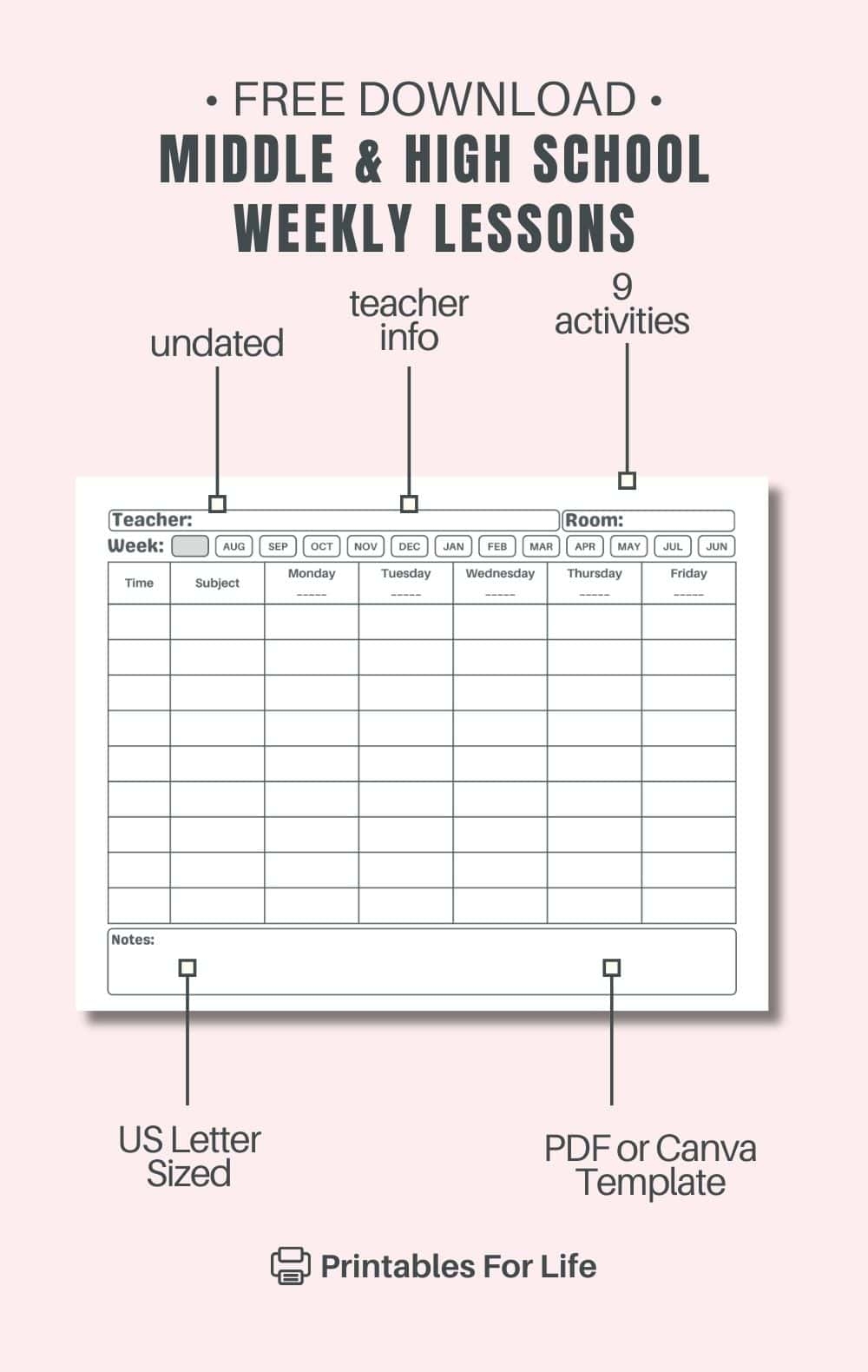 FREE Printable Weekly Lesson Plan Template Middle High School Teachers