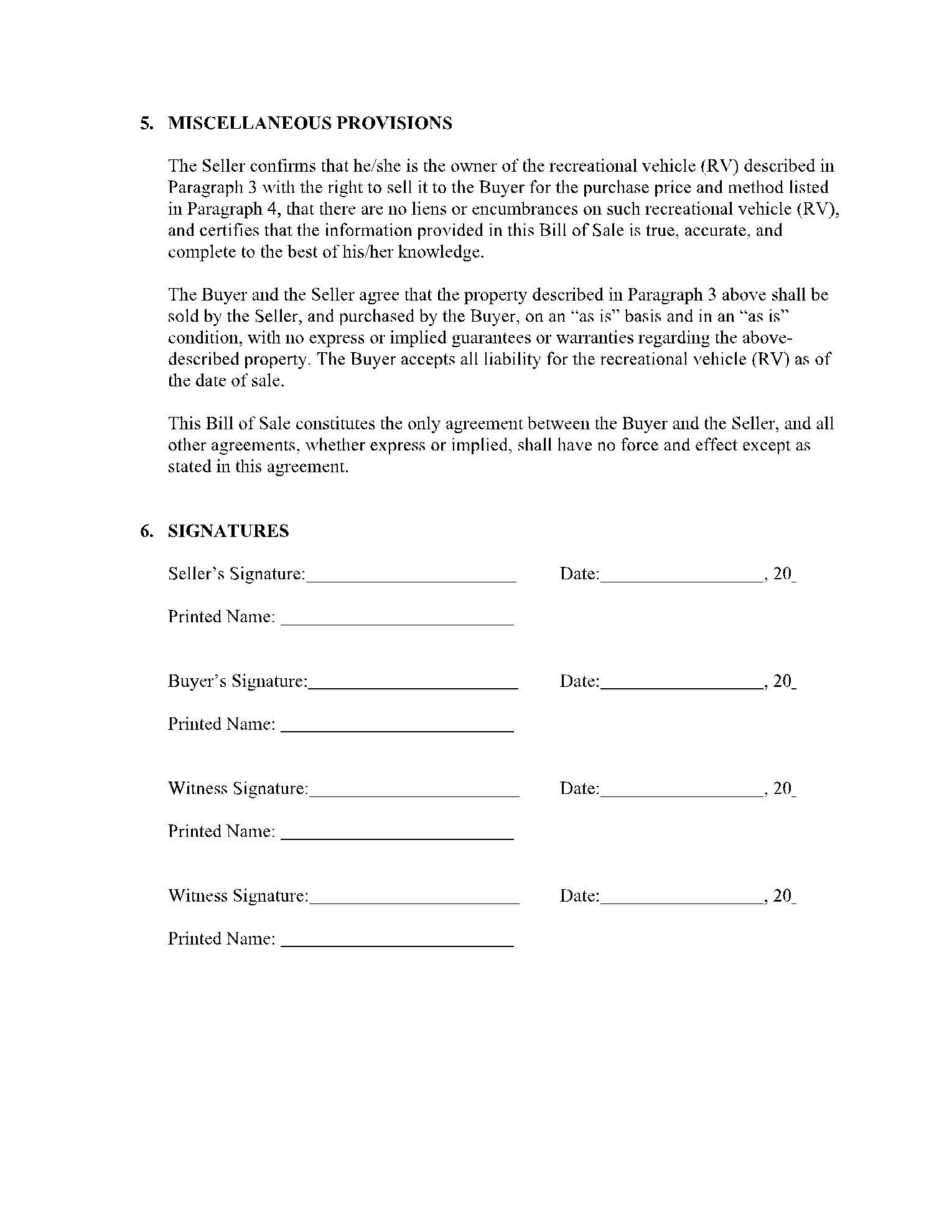 Printable Travel Trailer Camper Bill Of Sale Template