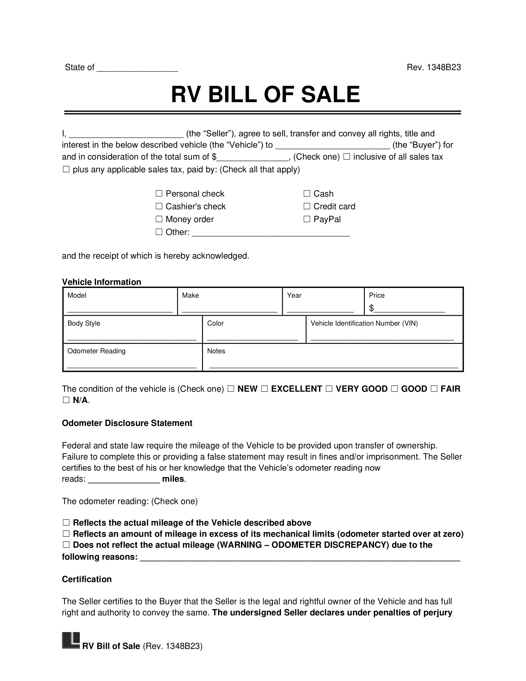 Free Recreational Vehicle RV Bill Of Sale Template PDF Word