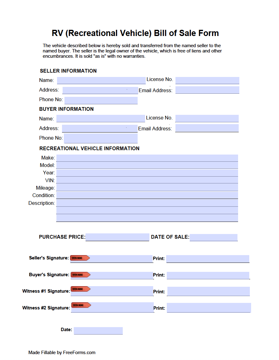 Free RV Recreational Vehicle Bill Of Sale Form PDF