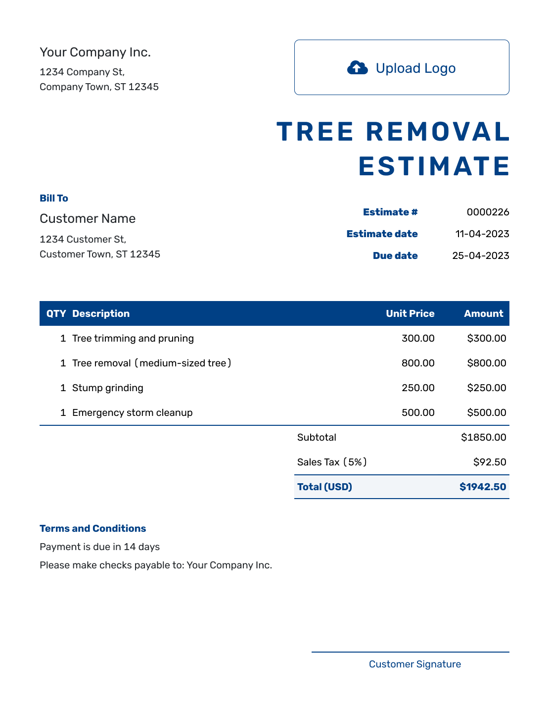 Free Printable Tree Service Invoice Template