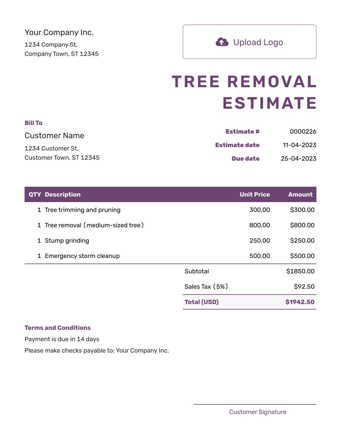 Free Tree Removal Estimate Template Docelf