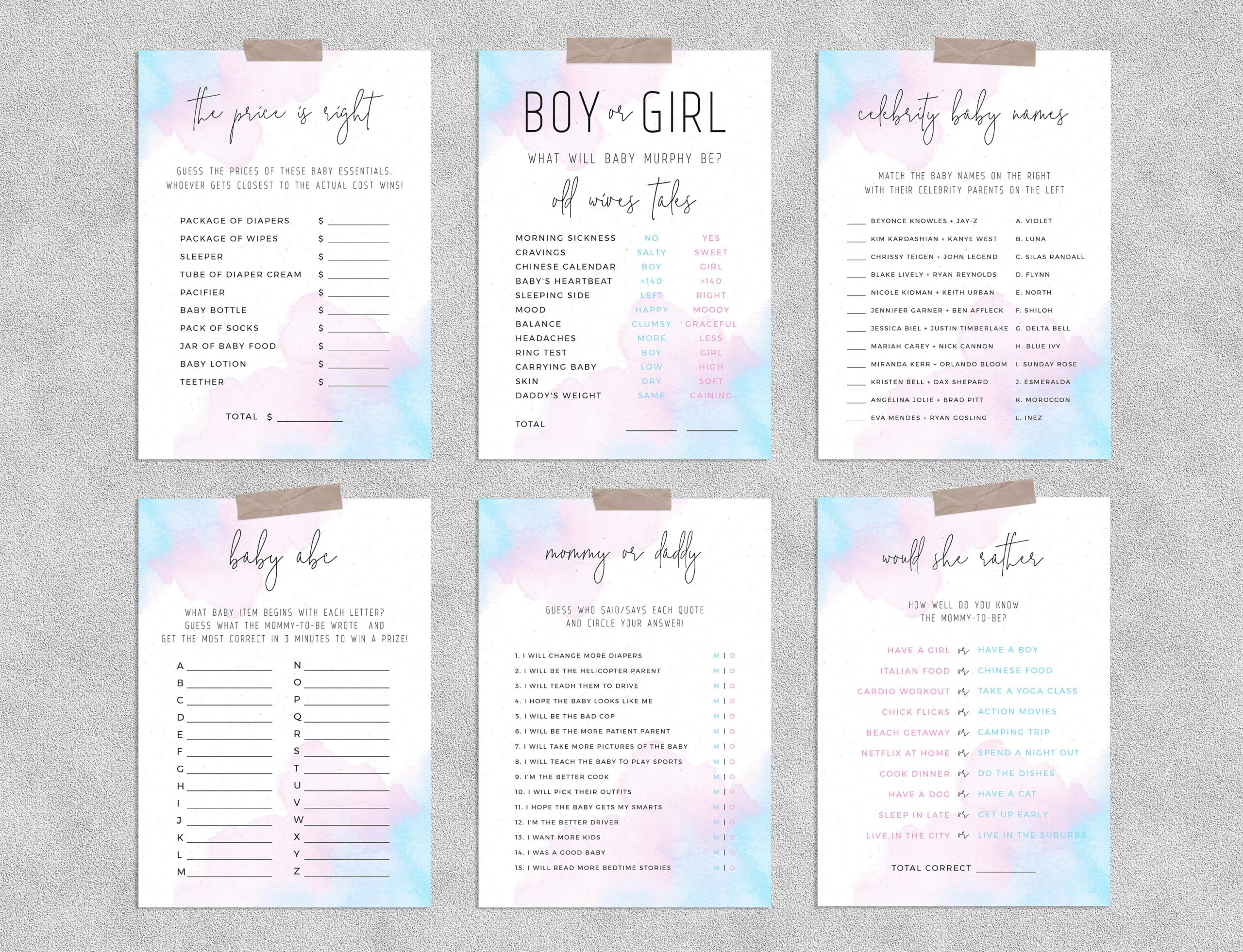 Gender Reveal Game Templates Bundle Baby Shower Games Instant Download Watercolor Blue Or Pink Gender Reveal Party Templett B01 Etsy