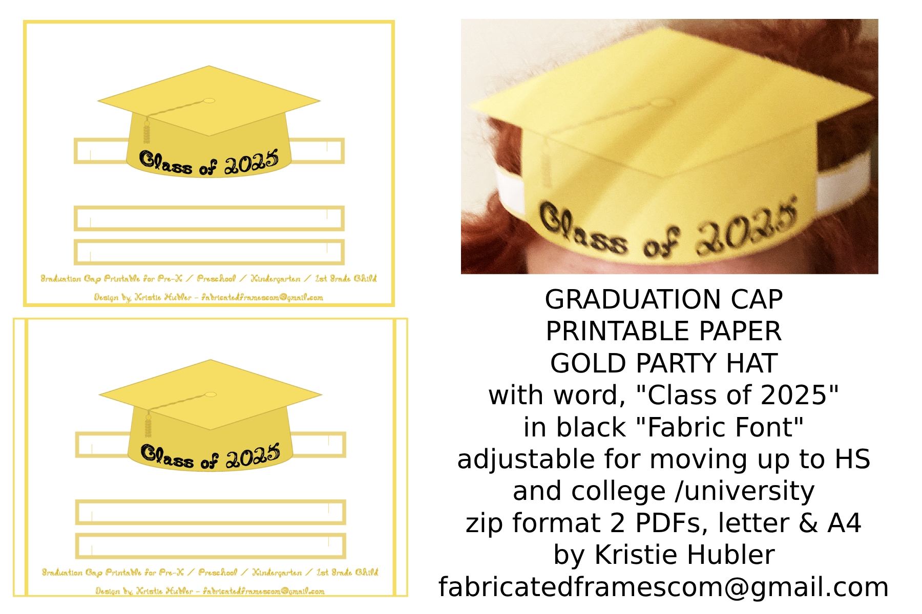 Graduation Cap Gold Paper Party Hats Letter And A4 PDF Printables With Black Fabric Font Word Class Of 2025 Classful