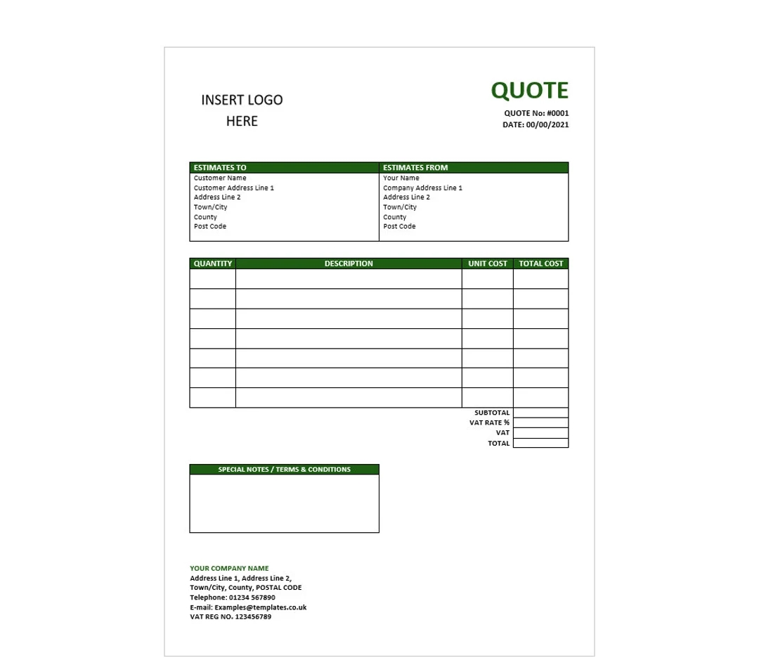 Green Downloadable Quote Template Printable Template Business Form Simple Quote Estimates Template Quotation Form Easy To Use Etsy UK