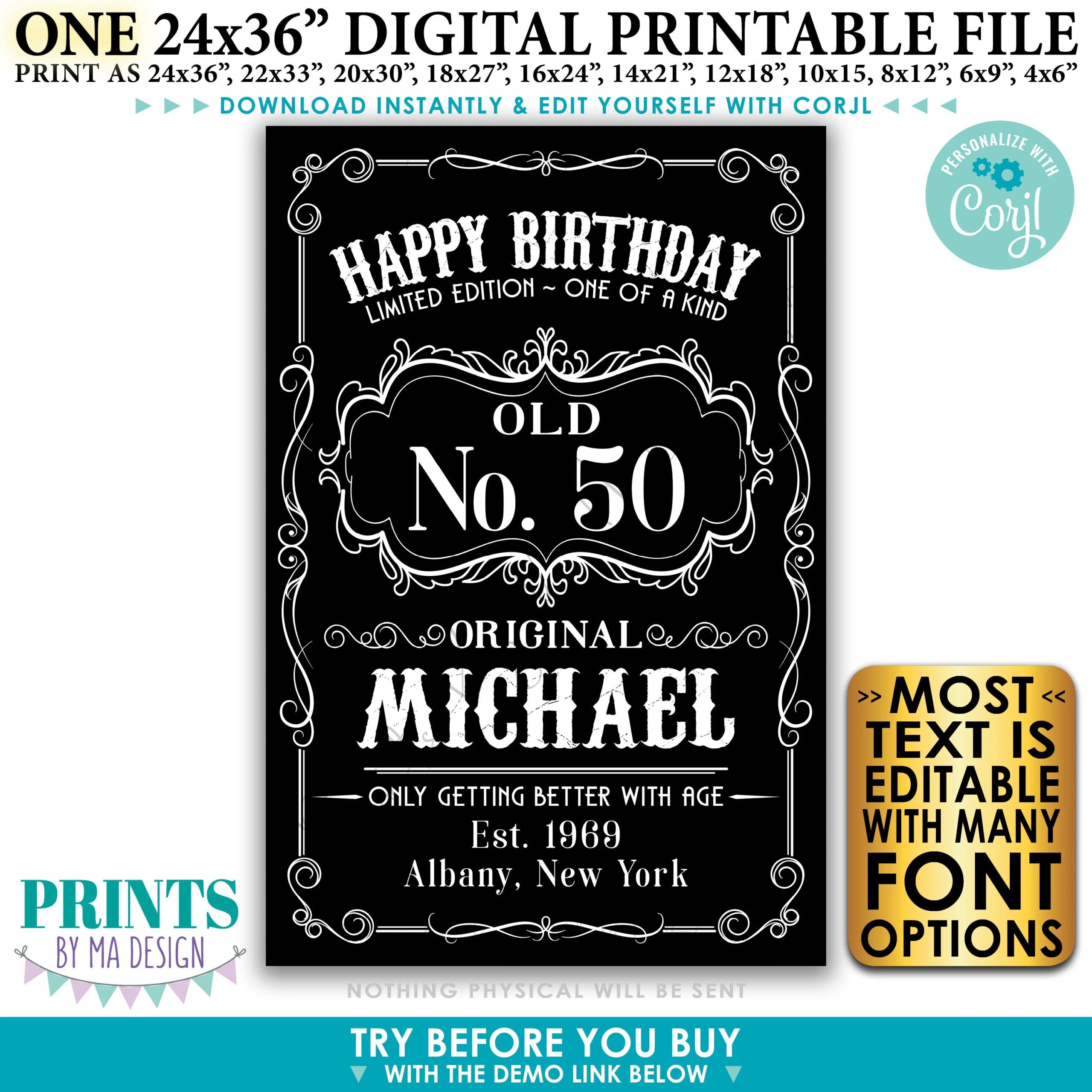 Happy Birthday Sign Vintage Whiskey Themed Birthday Poster 