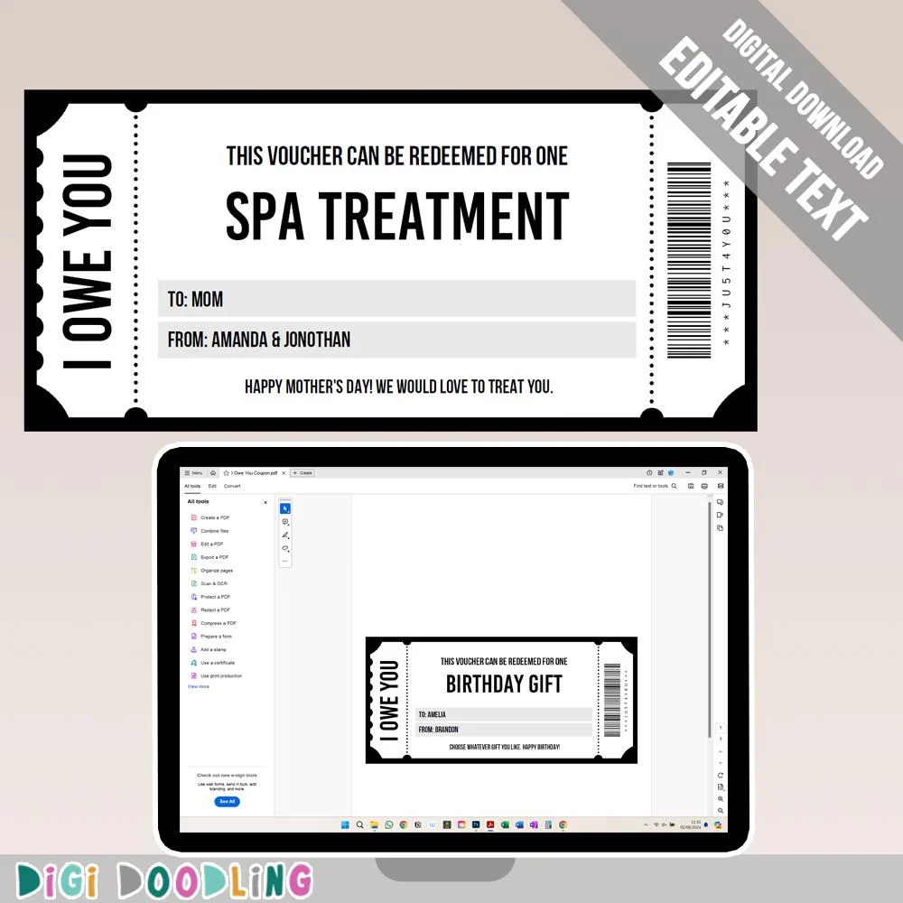I Owe You Voucher Template ANY TEXT Printable I Owe You Coupons I Owe You Birthday Voucher IOU Coupon Printable Gift Certificate Etsy