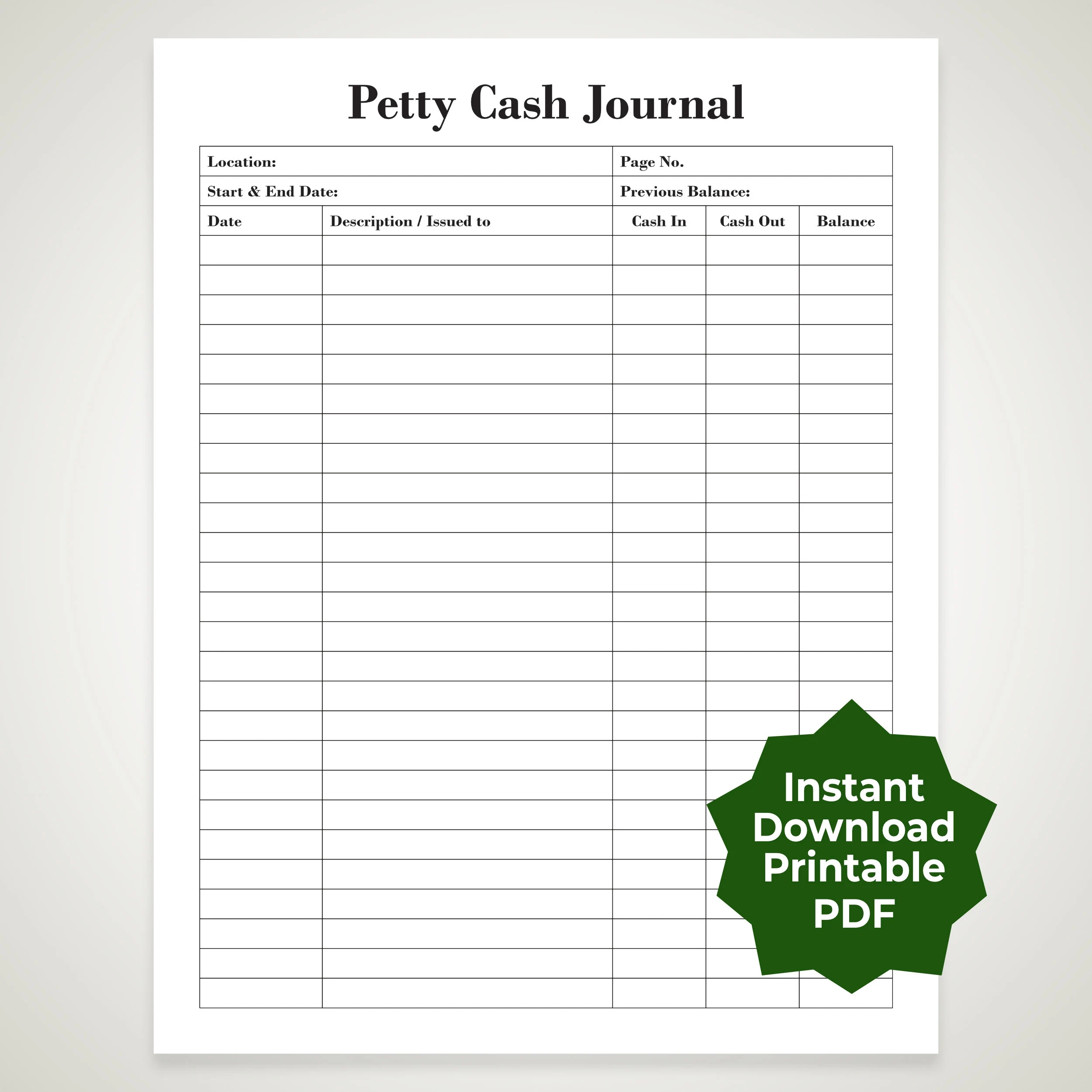Instant Download Printable Petty Cash Journal 2 Templates A4 U0026 US Letter PDF
