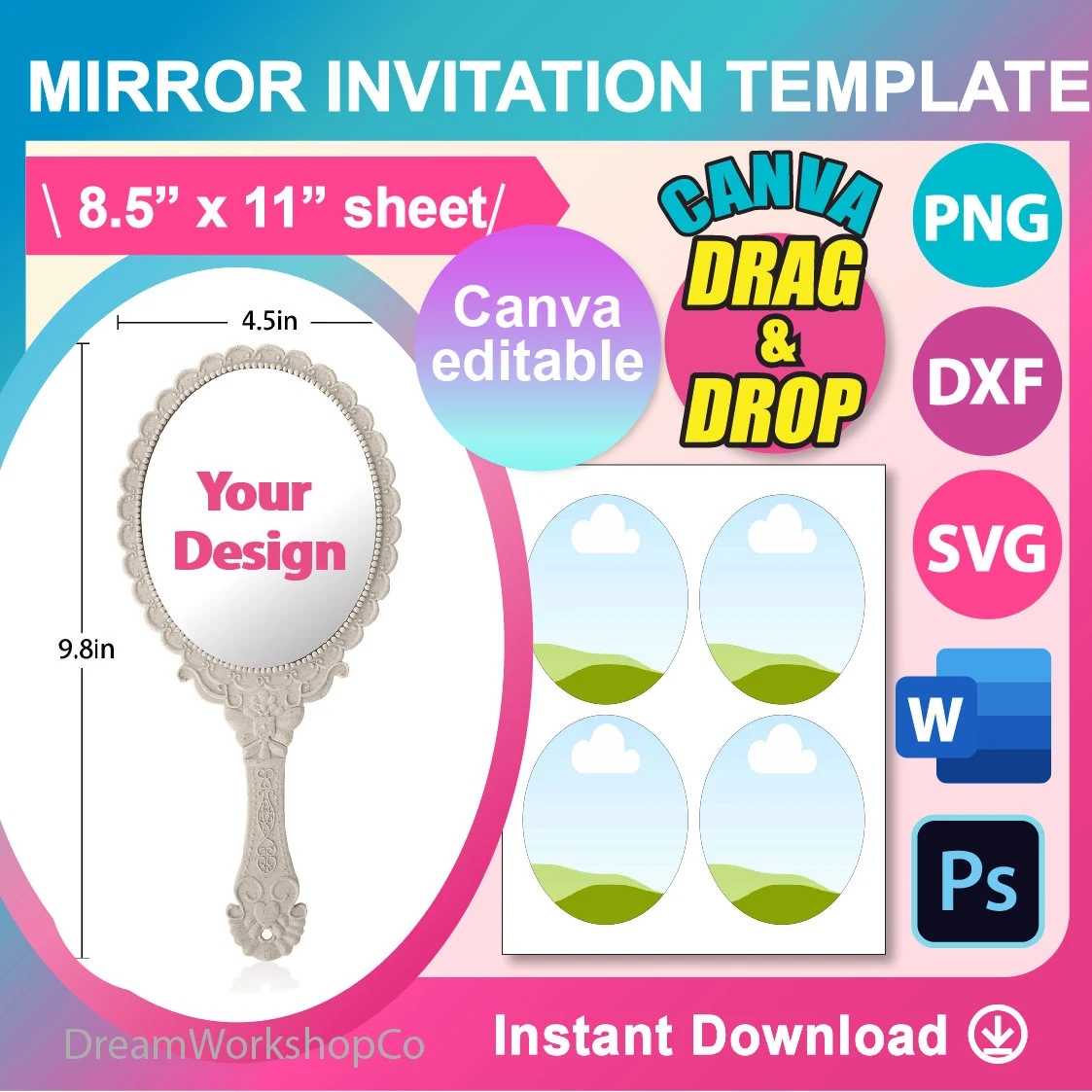 Mirror Invitation Template Mirror Invitation SVG DXF Canva Ms Word Docx Png Psd 8 5 x11 Sheet Printable Instant Download Etsy