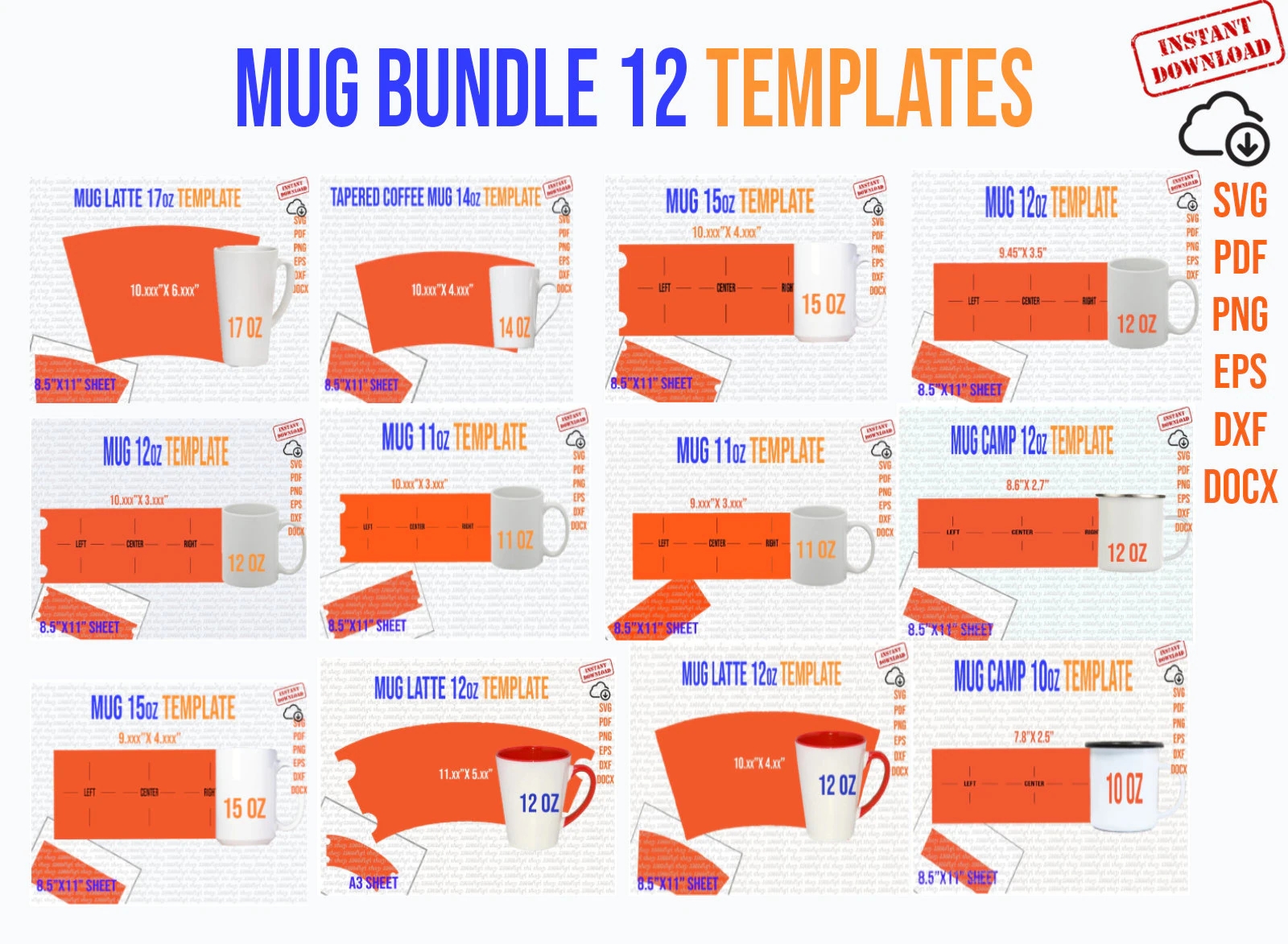 Mug Svg Mug Template Mug Bundle 12 Templates 10 Oz 11 Oz 12 Oz 14 Oz 15 Oz 17 Oz Latte Camp Tapered For Sublimation Pdf Docx Dxf Etsy