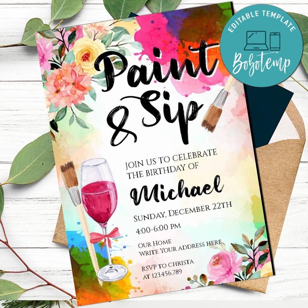 Paint Sip Invitation Printable Instant Download Bobotemp
