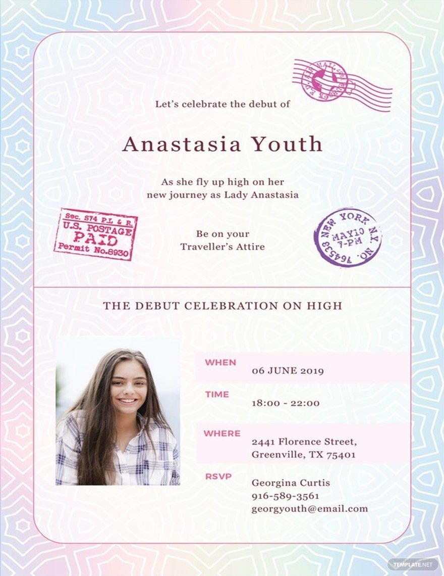 Passport Debut Invitation Template In Pages Publisher PSD Illustrator Word Outlook Google Docs Download Template