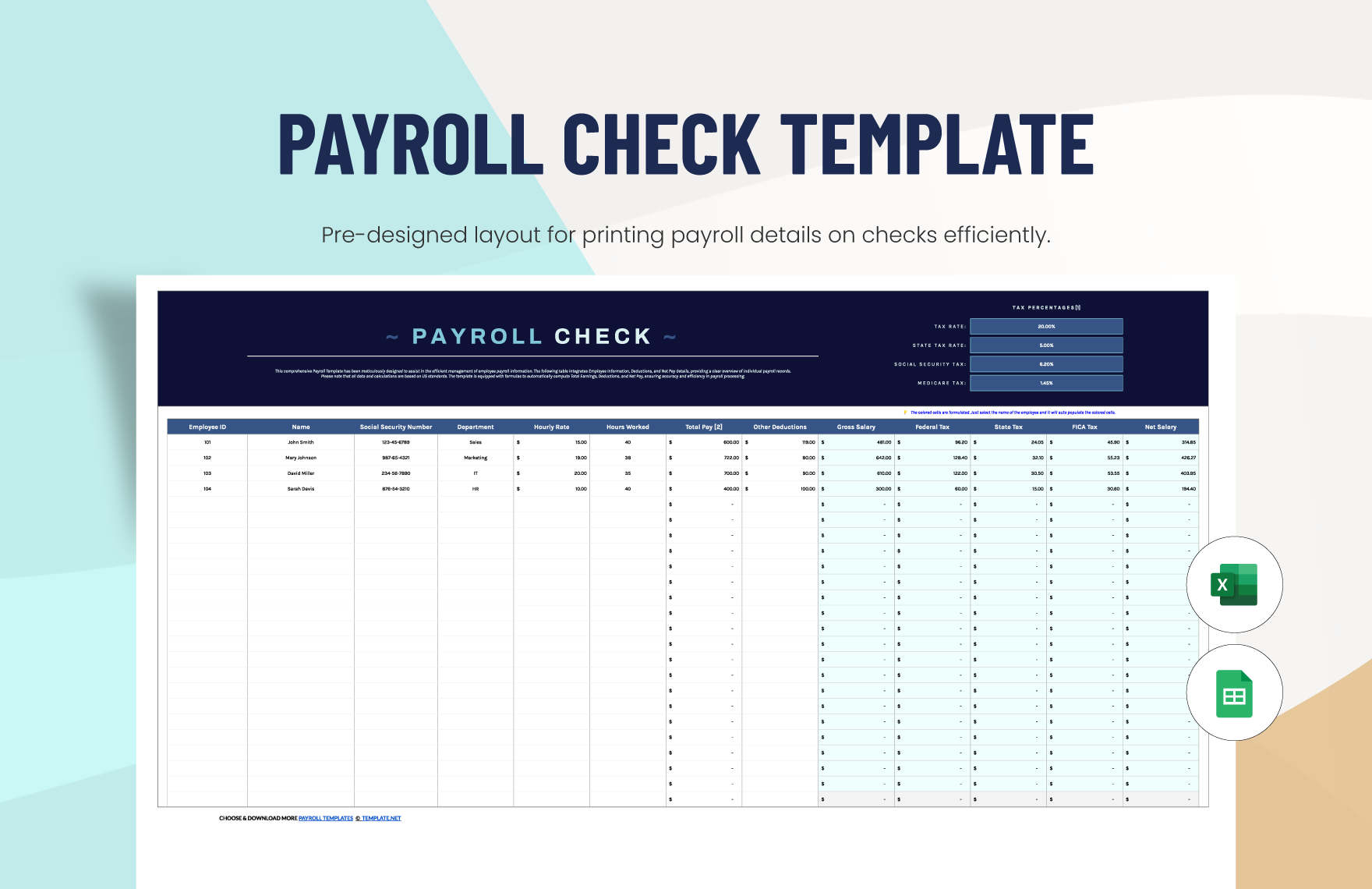 Payroll Check Template In Excel Google Sheets Download Template