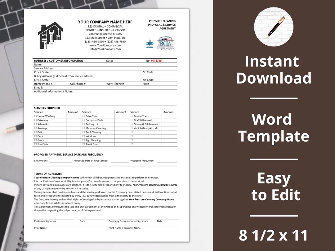 Pressure Cleaning power Washing Contract proposal estimate agreement Template Etsy