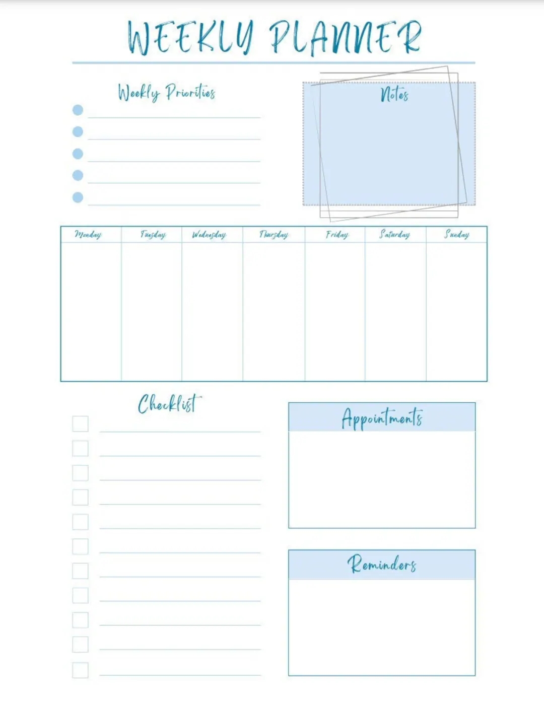 Printable 7 Day Weekly Planner Template Digital 7 Day Weekly Planner Sunday To Saturday Etsy
