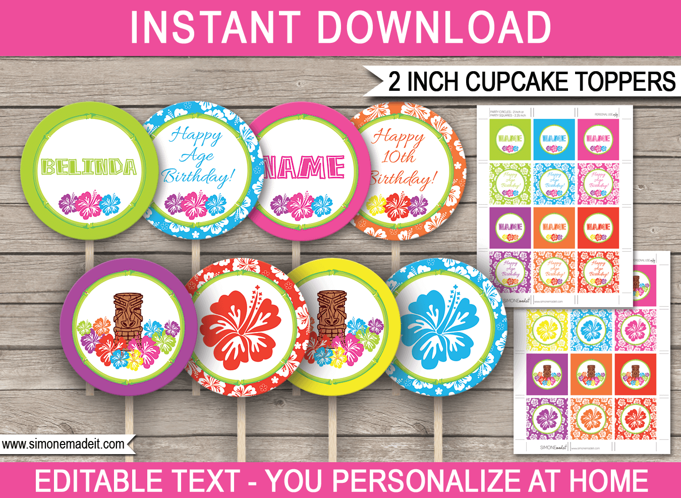 Printable Luau Cupcake Toppers Template Birthday Party Decorations