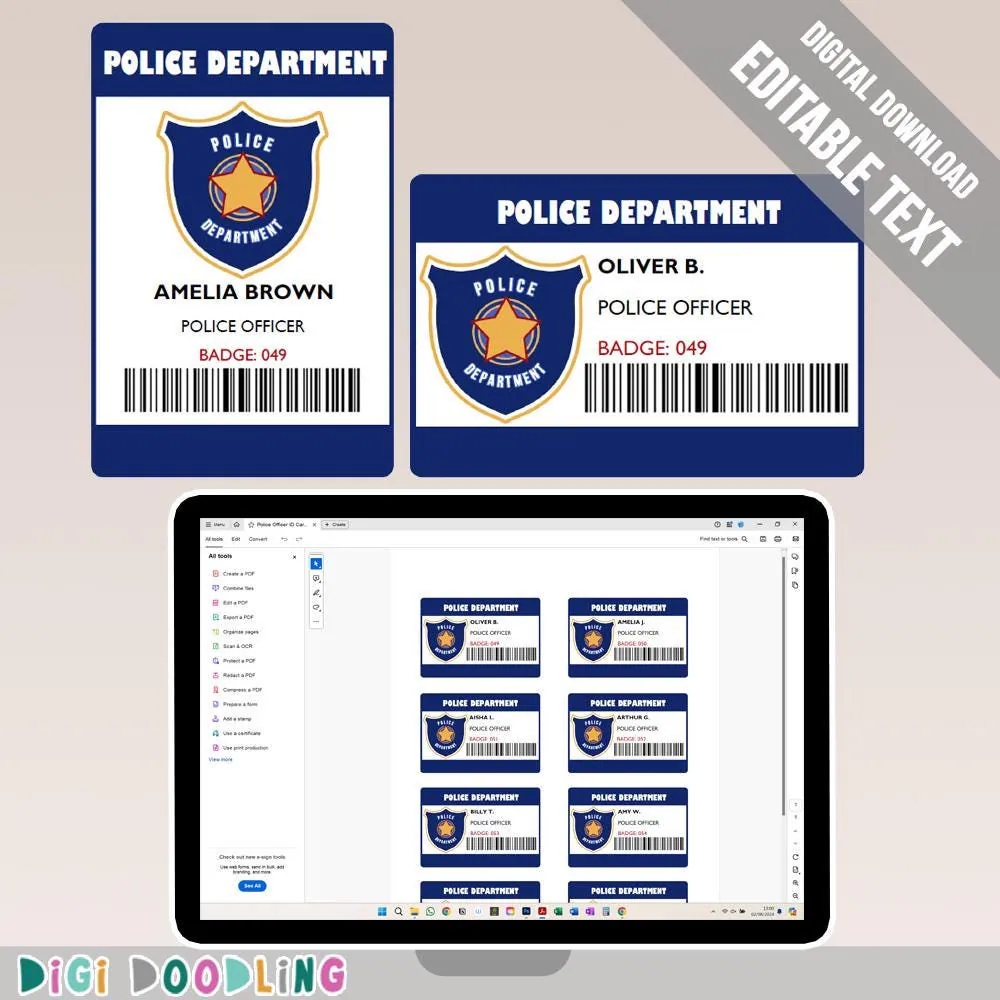 Printable Police ID Badge Police ID Tag For Pretend Play Or Police Birthday Party Editable In Adobe Reader Etsy