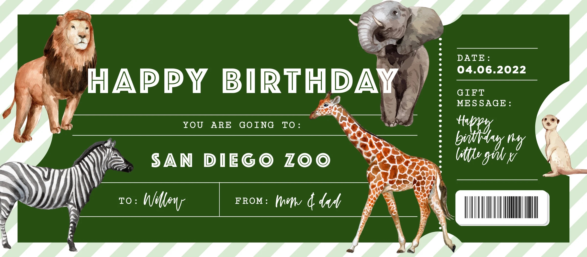 Printable Zoo Ticket Birthday Gift Template Surprise Gift Certificate EDITABLE TEMPLATE 082