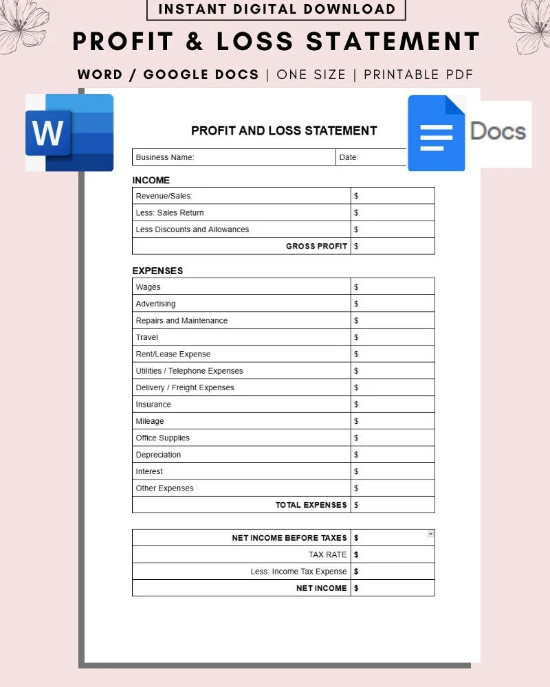 Profit And Loss Statement Template Expense Report Income Statement Bookkeeping Profit Calculator Financial Statement Small Business Etsy