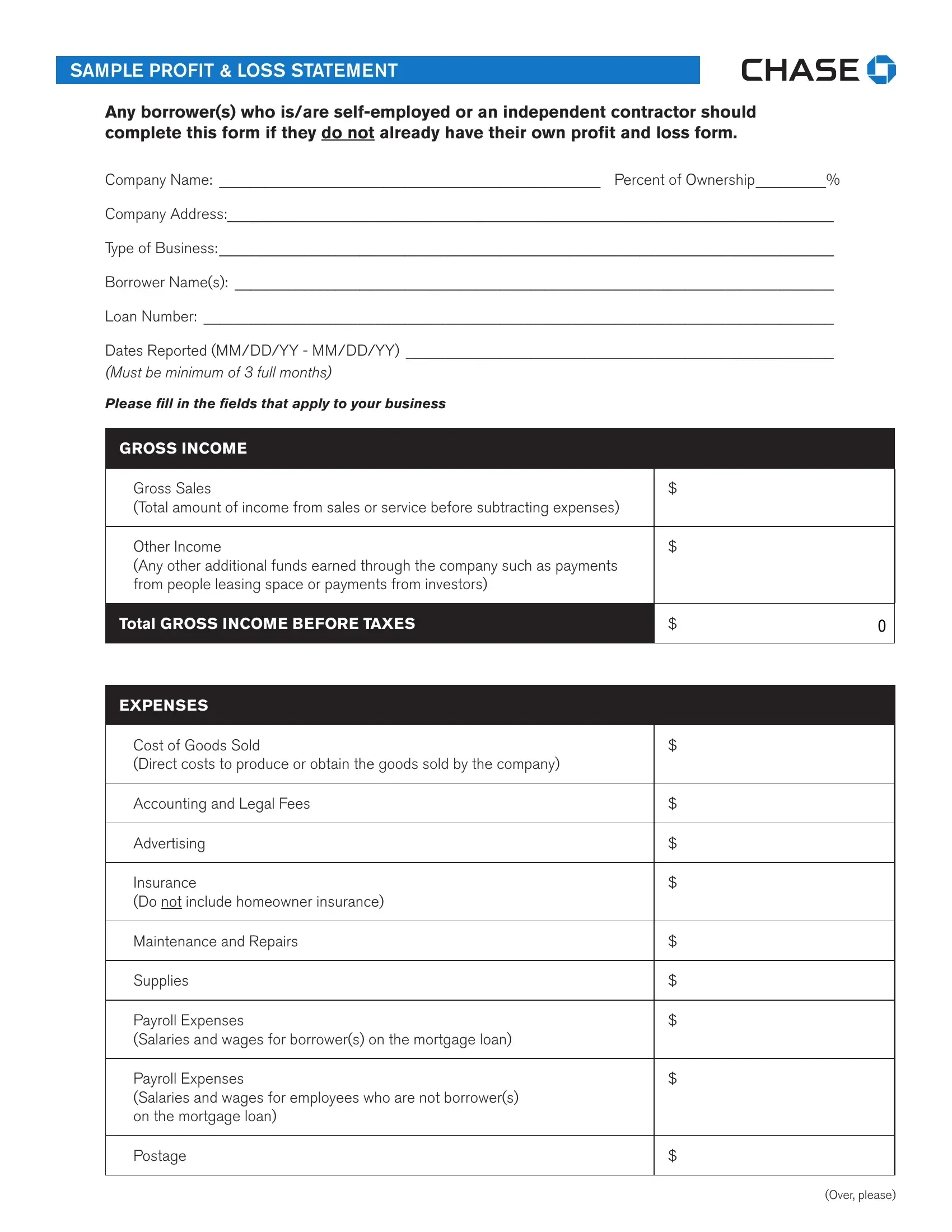 Printable Profit Loss Template