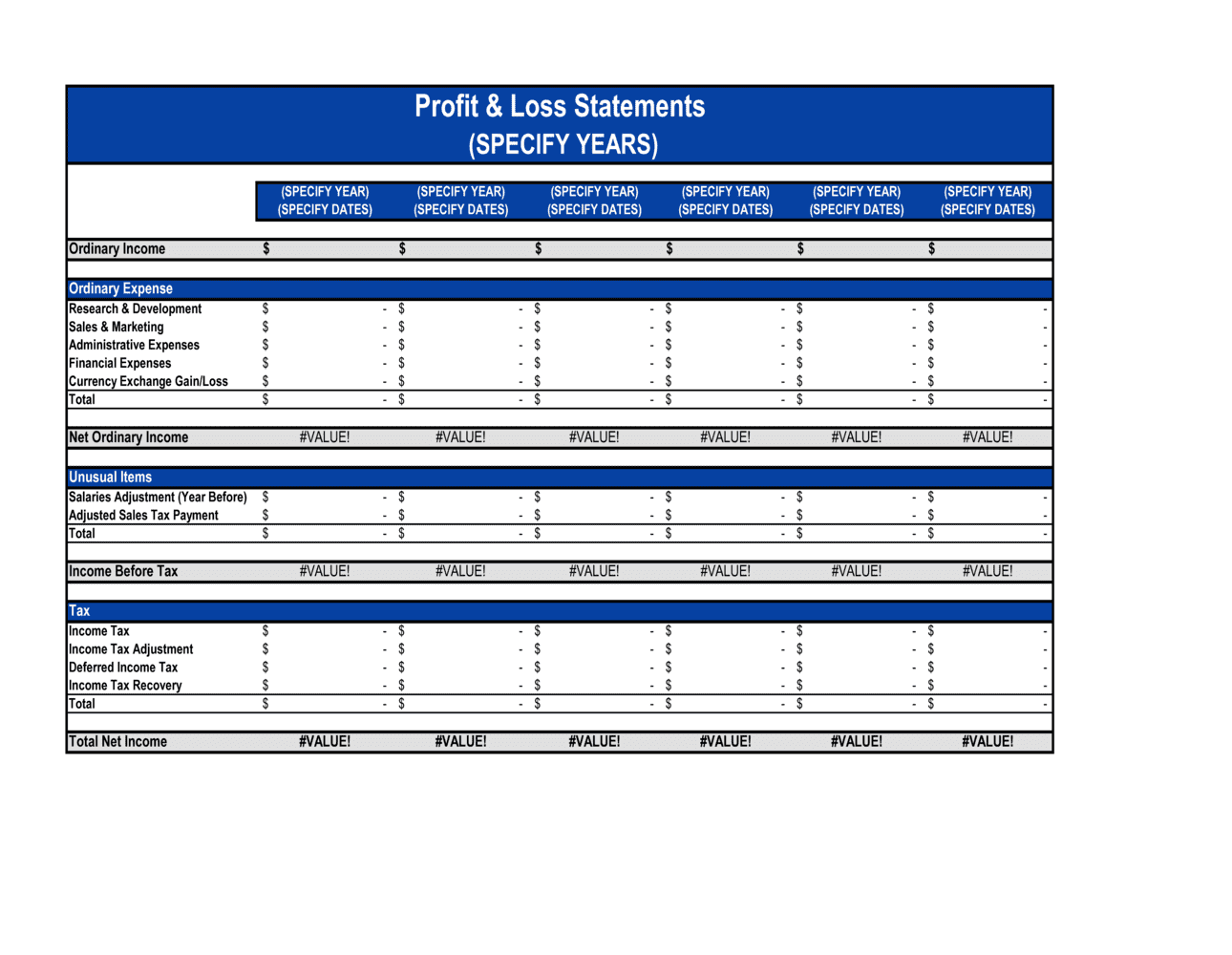Printable Profit And Loss Statement Template