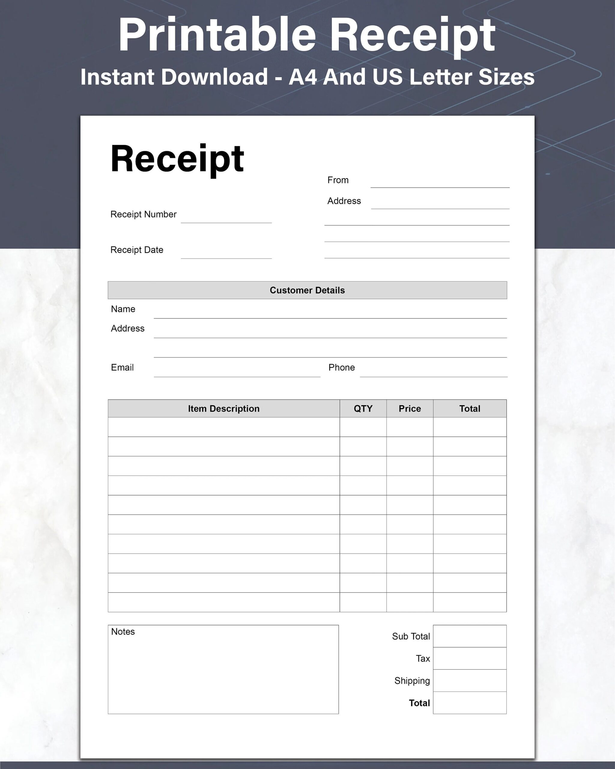 Receipt Template Printable Customer Order Receipt Small Business 