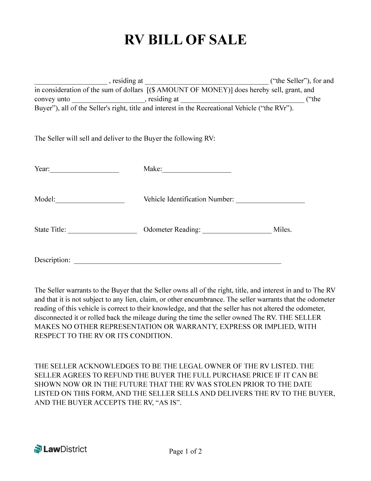 Recreational Vehicle Bill Of Sale Form LawDistrict