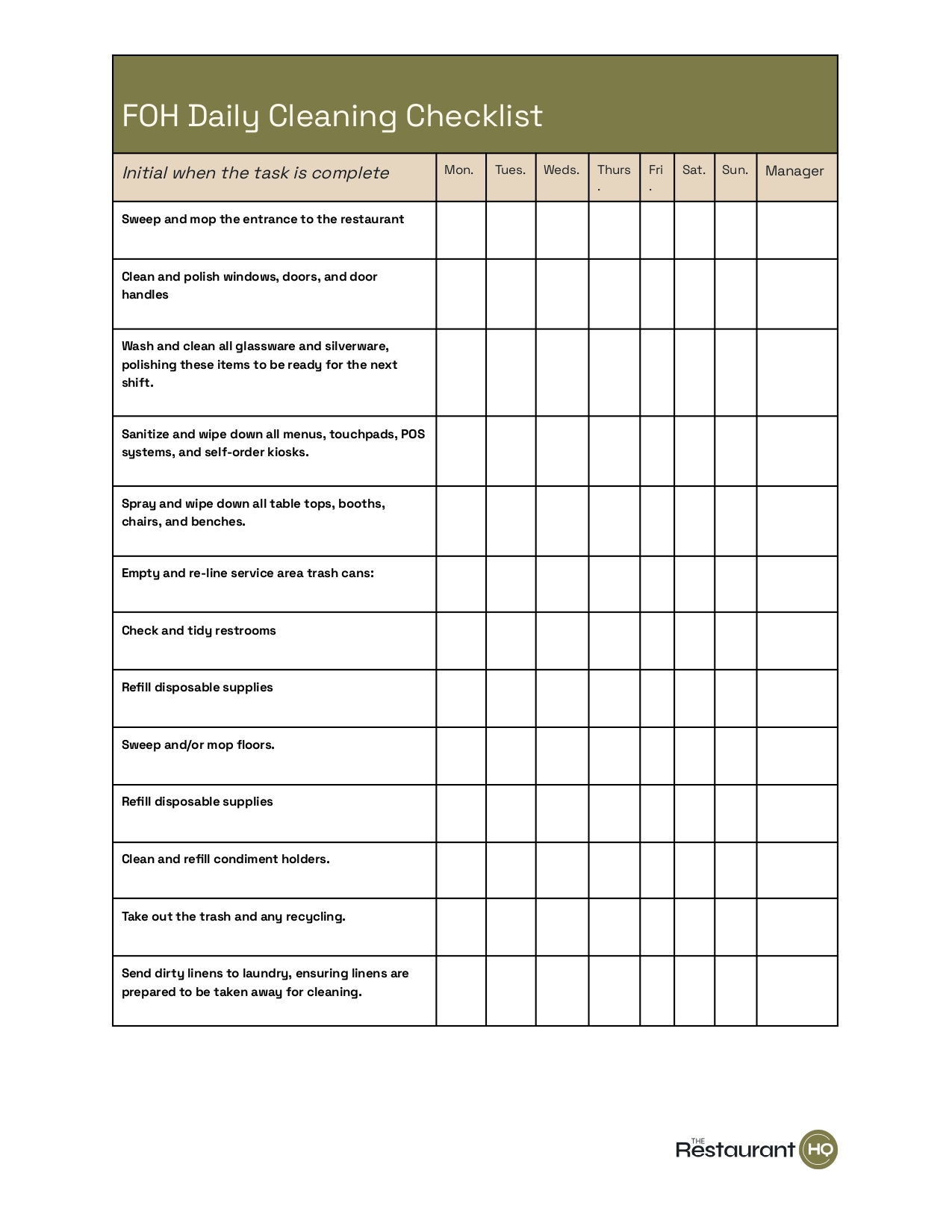 Restaurant Cleaning Checklist