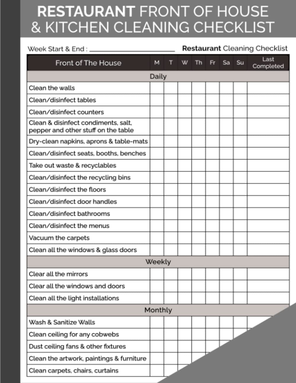Restaurant Front Of House Kitchen Cleaning Checklist Daily Weekly Monthly Books Club Top Restro Amazon de Books