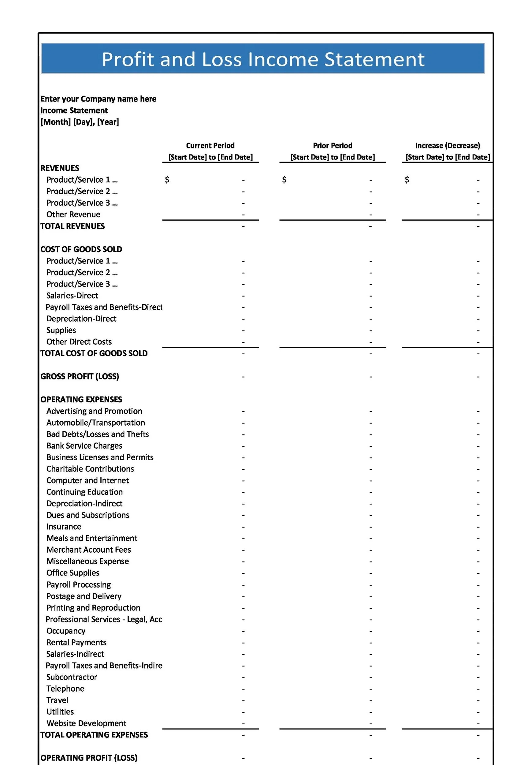 Sample Profit And Loss Template Project Management Templates