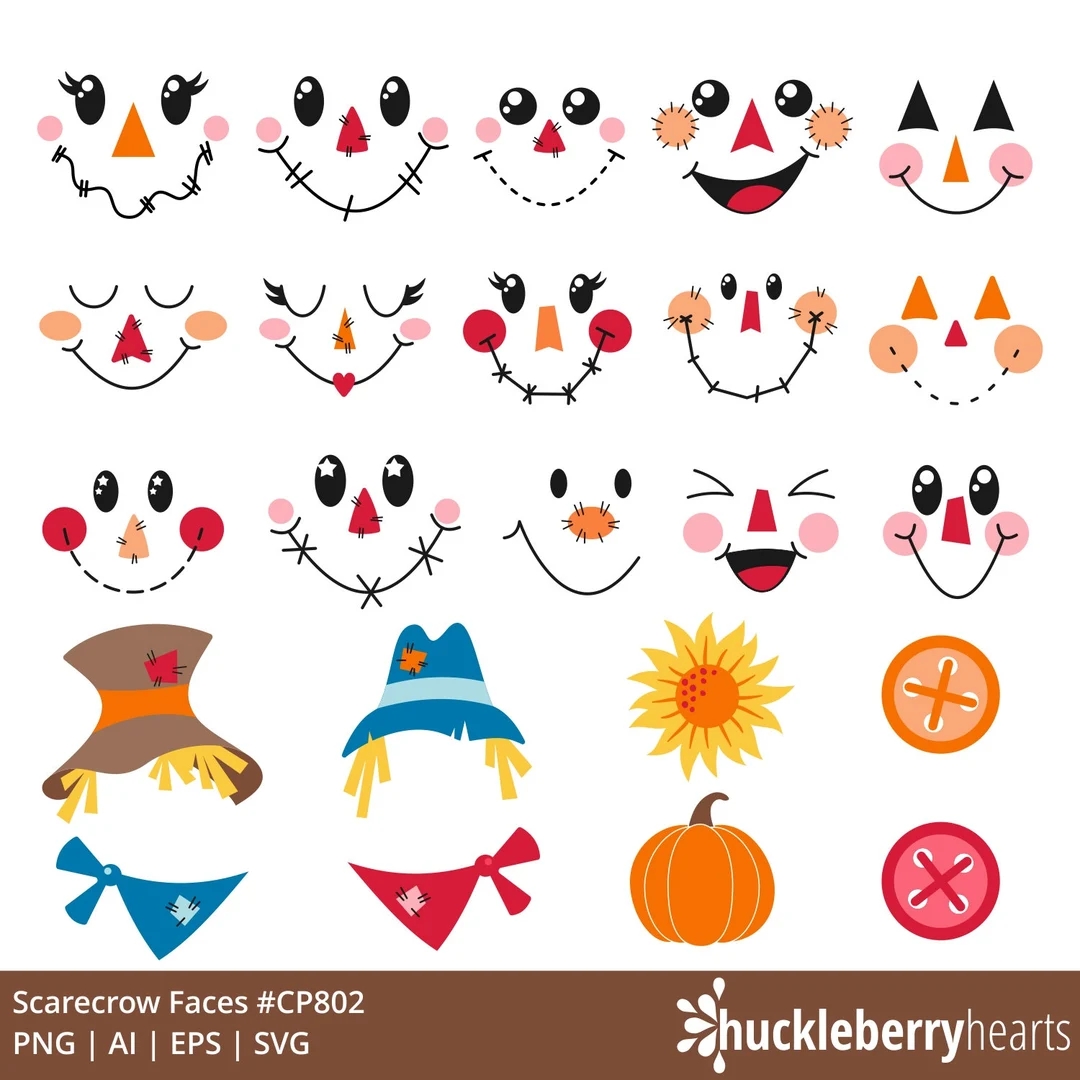 Scarecrow Faces Clipart Fall SVG Bundle Thanksgiving PNG Cute Scare Crow Printable Small Commercial Use Etsy