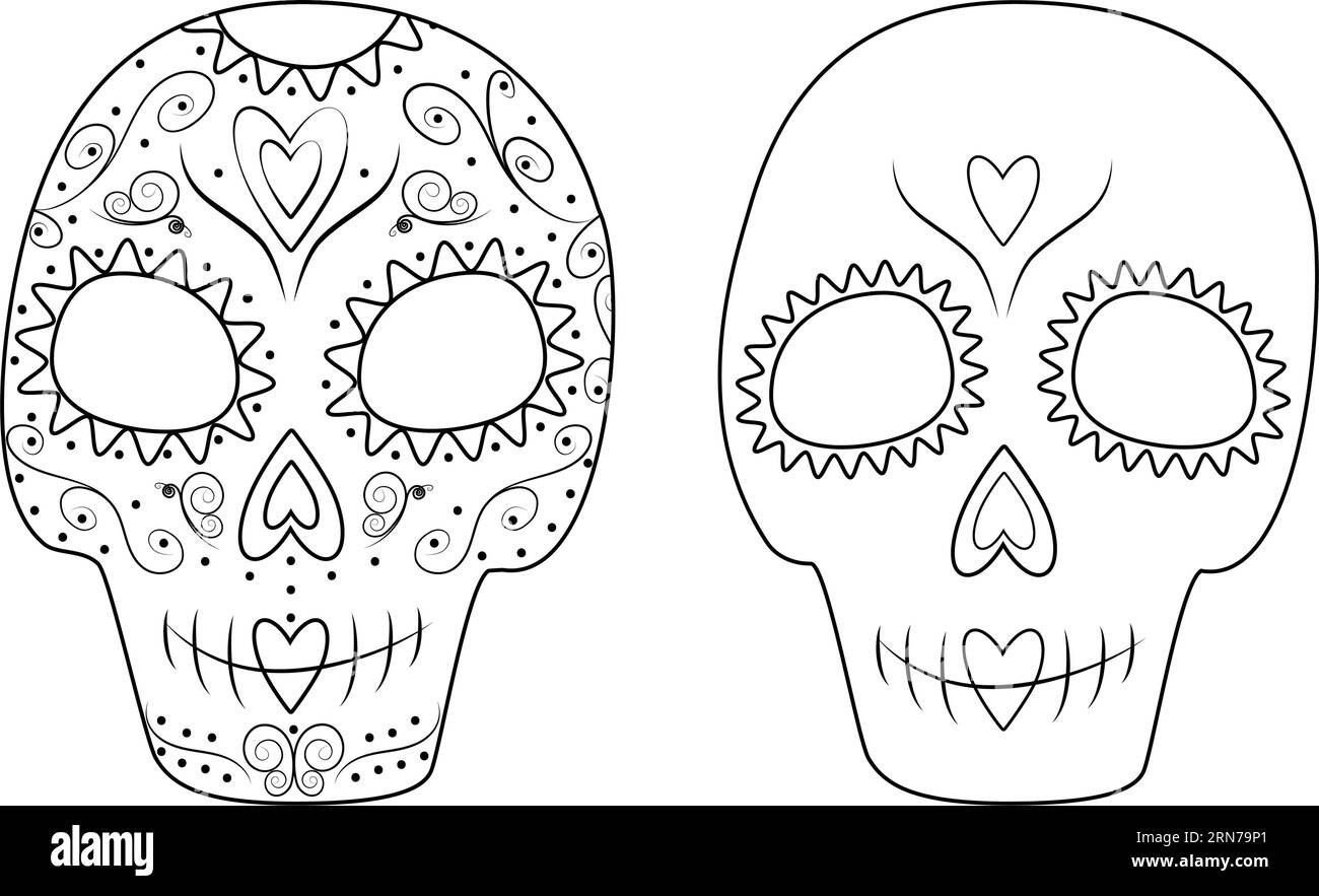 Set Of 2 Patterned Outline Drawing Sugar Skulls Day Of The Dead Dia De Los Muertos Mexico Vector Line Art Isolate Design For Poster Banner Greetings Or Invitations Price Tag Label Or