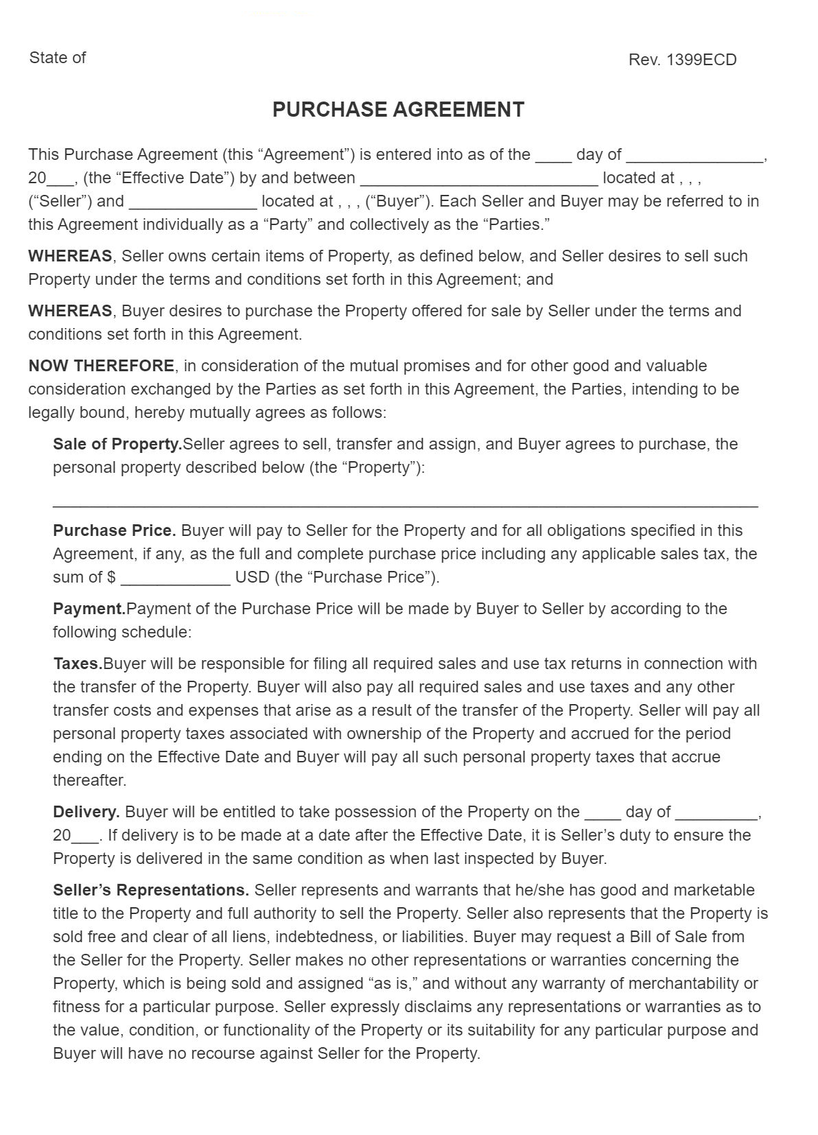 Printable Purchase Agreement Template